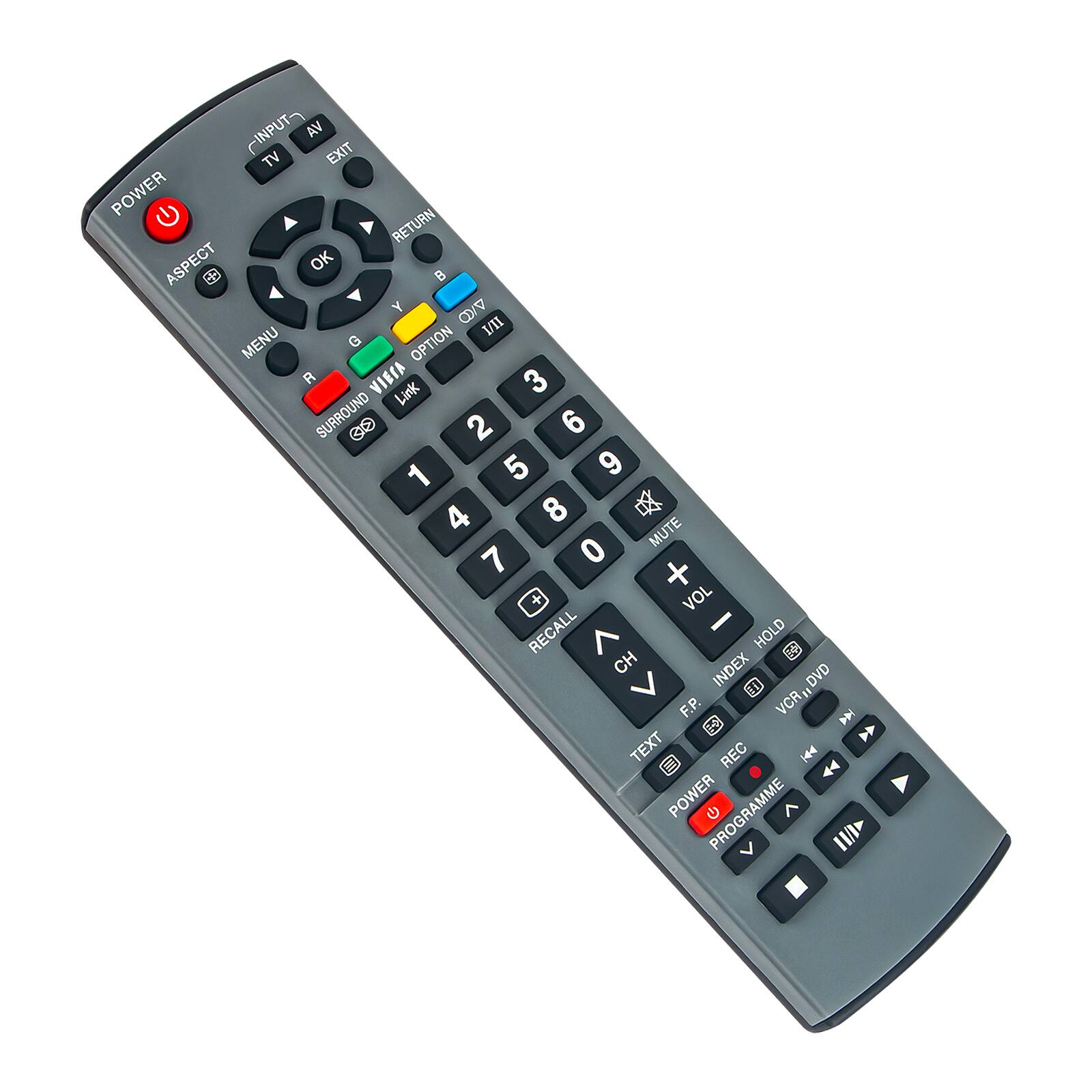 Sure, here is the corrected and grouped text from the image:

**Top Row:**
- INPUT
- AV
- TV
- EXIT

**Middle Row:**
- POWER
- ASPECT
- MENU
- RETURN
- OK
- B
- Y
- OD/V
- IIII
- 3
- 6
- 9
- MUTE

**Number Pad:**
- 1
- 2
- 3
- 4
- 5
- 6
- 7
- 8
- 9
- 0

**Right Side:**
- SURROUND
- VCR/DVD
- VCR
- DVD
- F.P.
- TEXT
- POWER
- PROGRAMME
- REC
- INDEX
- HOLD
- VOL
- RECALL
- CH
- V
- OH
- LINK
- OPTION
- R
- G
- Y
- B

**Bottom Row:**
- VCR/DVD
- PLAY
- PAUSE
- STOP
- REWIND
- FAST FORWARD