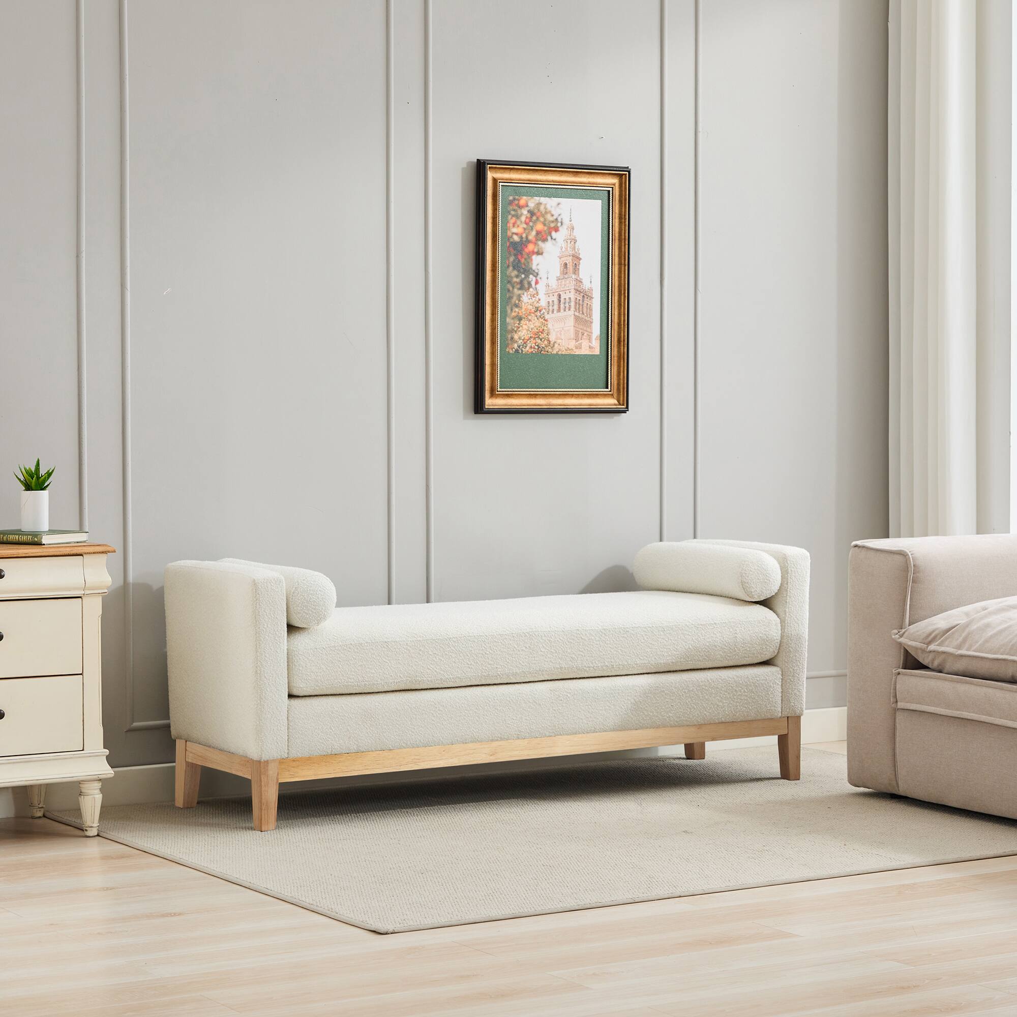 Front. TinyHomie - 66W Elegant Upholstered Bench Daybed Ottoman Ivory Boucle Wood Legs 2 Pillows - White.
