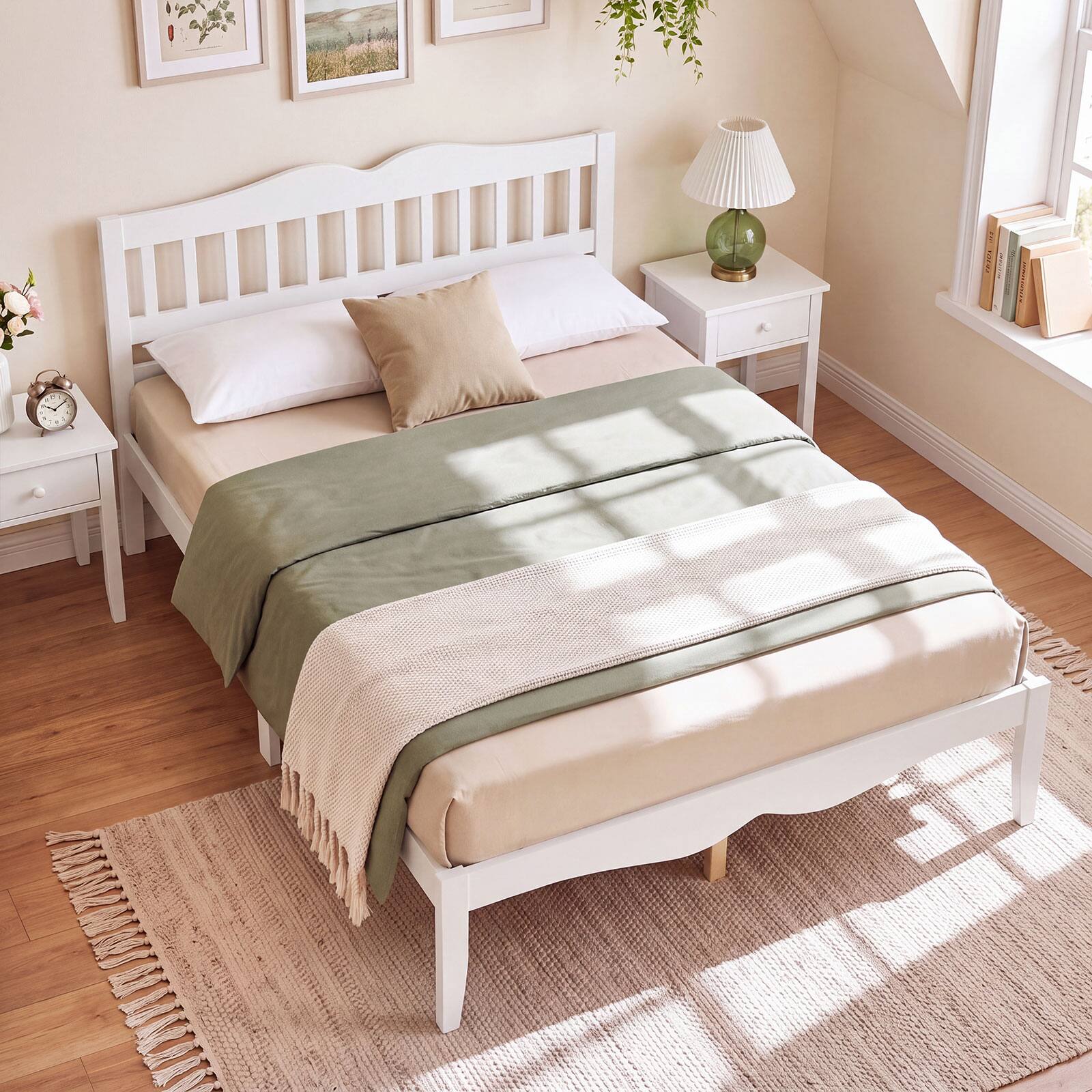 Alt View 5. Costway - Costway Full Size Platform Bed with Headboard, Solid Wood Frame, Sturdy Wood Slat Support - White.