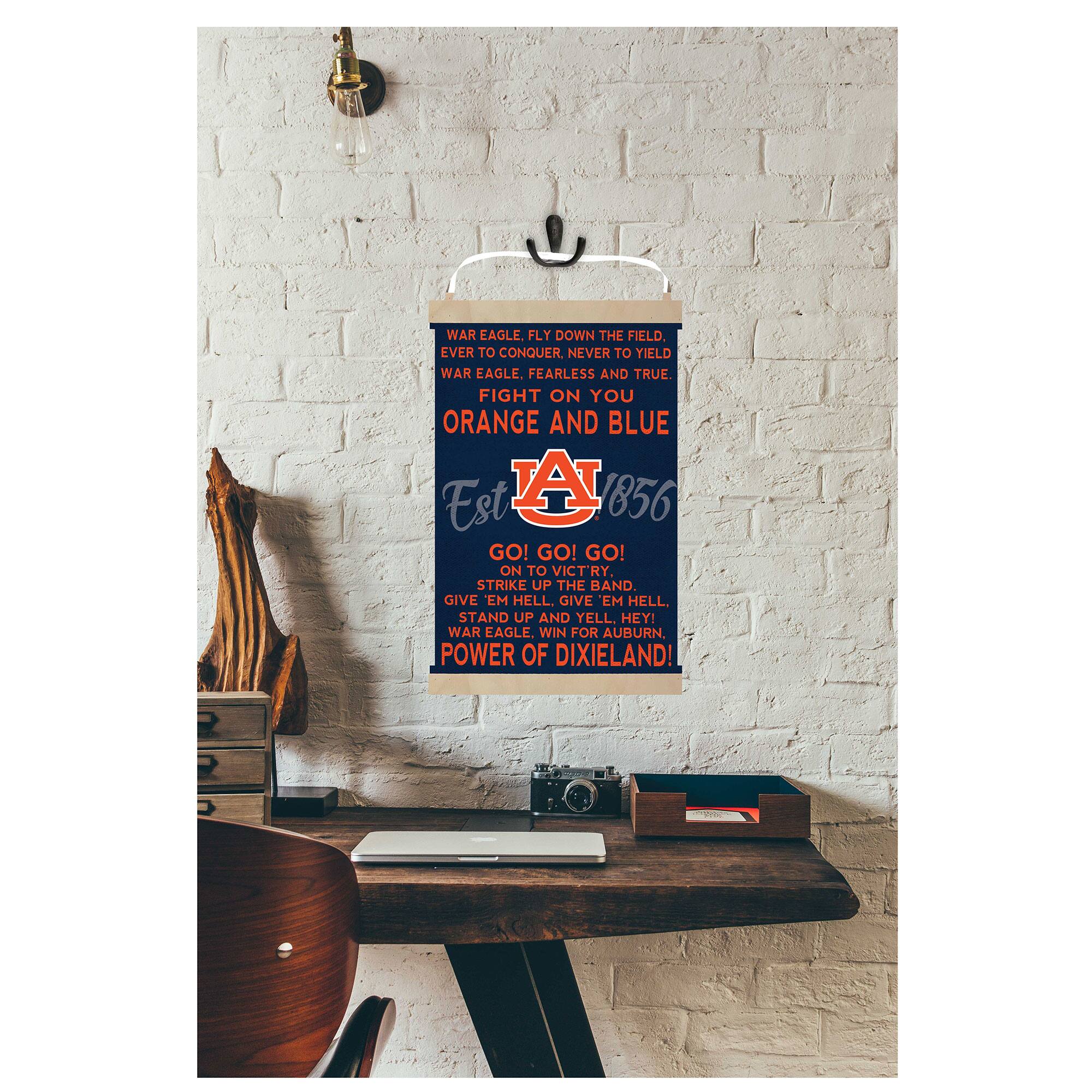 WAR EAGLE, FLY DOWN THE FIELD.  
EVER TO CONQUER NEVER TO YIELD.  
WAR EAGLE, FEARLESS AND TRUE.  
FIGHT ON YOU  
ORANGE AND BLUE  

Est 1856  

GO! GO! GO!  
ON TO VICT'RY  
STRIKE UP THE BAND.  
GIVE 'EM HELL, GIVE 'EM HELL,  
STAND UP AND YELL.  
HEY! WAR EAGLE.  
WIN FOR AUBURN.  
POWER OF DIXIELAND!