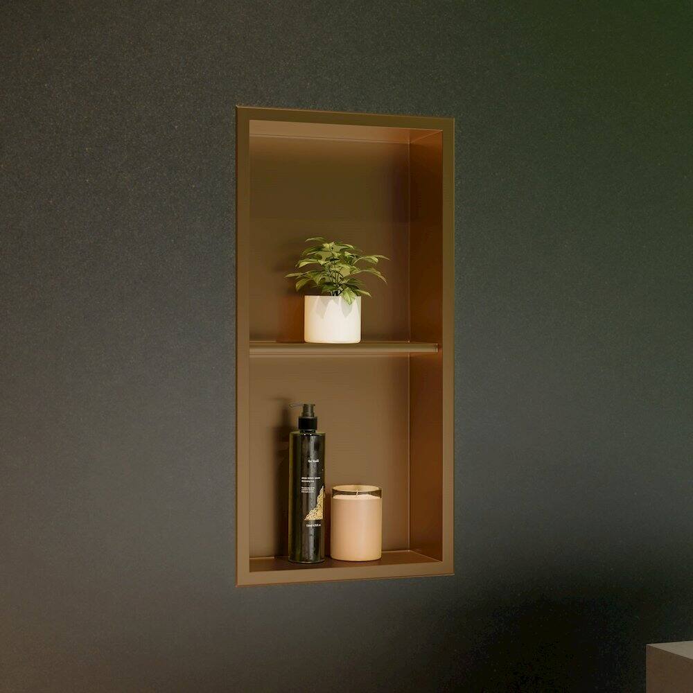 Left. Alfi - 12" x 24" Brushed Gold PVD Stainless Steel Vertical Double Shelf Shower Niche - Gold.