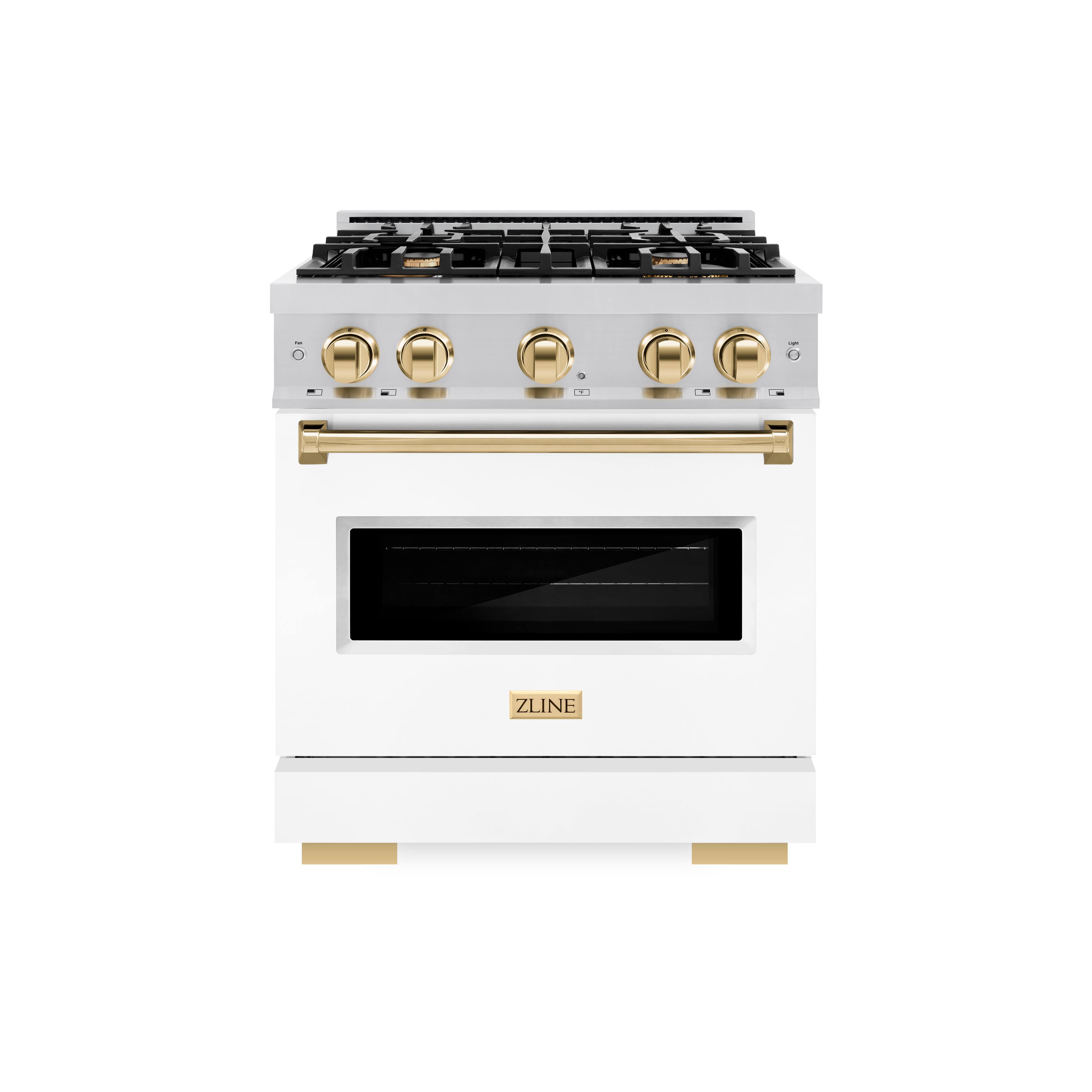 Front. ZLINE - ZLINE Autograph 30 in. Classic Satin Steel Gas Range with Gold Accents (CGRSZ-WM-30-G) - Black Matte.