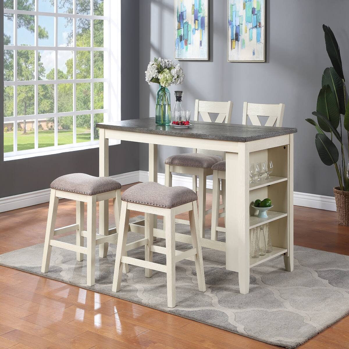 Alt View 1. Loheer - Loheer Counter Height Dining Table with Side Storage Shelves, Off-White Solid Wood, 60 Inches - Off-White.