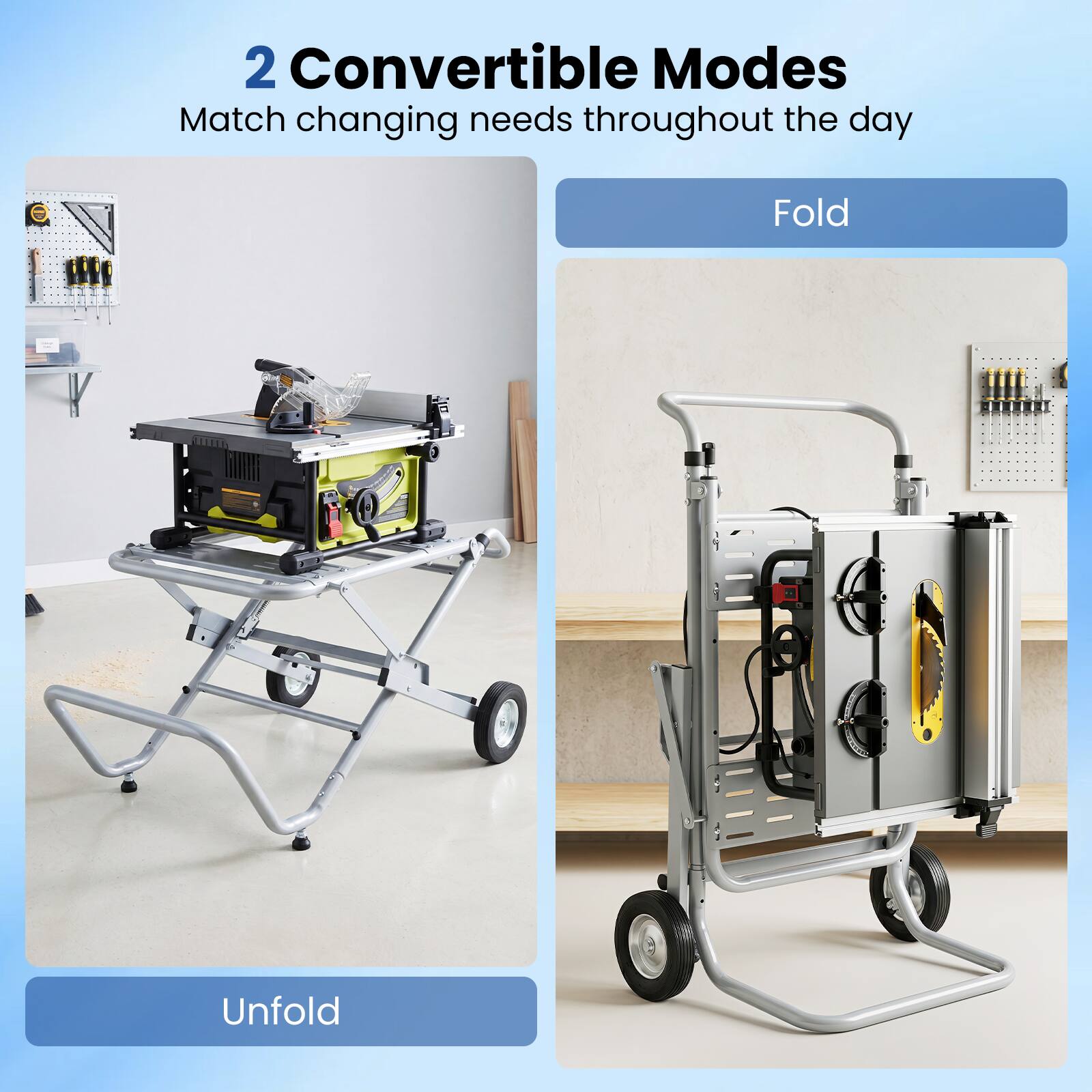 2 Convertible Modes  
Match changing needs throughout the day  

Fold  
Unfold