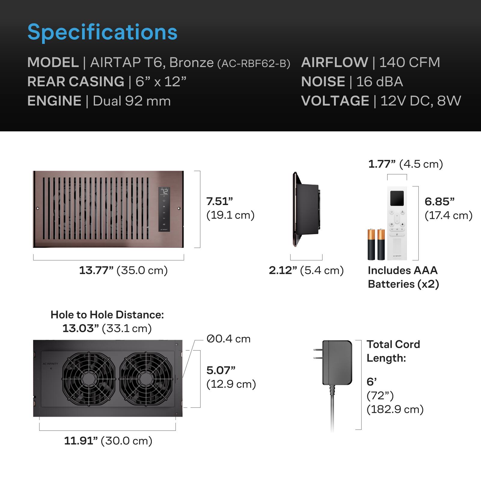 Specifications  
MODEL | AIRTAP T6, Bronze (AC-RBF62-B)  
AIRFLOW | 140 CFM  
REAR CASING | 6" x 12"  
NOISE | 16 dBA  
ENGINE | Dual 92 mm  
VOLTAGE | 12V DC, 8W  

1.77" (4.5 cm)  
7.51" (19.1 cm)  
6.85" (17.4 cm)  
2.12" (5.4 cm)  
Hole to Hole Distance: 13.03" (33.1 cm)  
5.07" (12.9 cm)  
11.91" (30.0 cm)  
Includes AAA Batteries (x2)  
Total Cord Length: 6' (72") (182.9 cm)