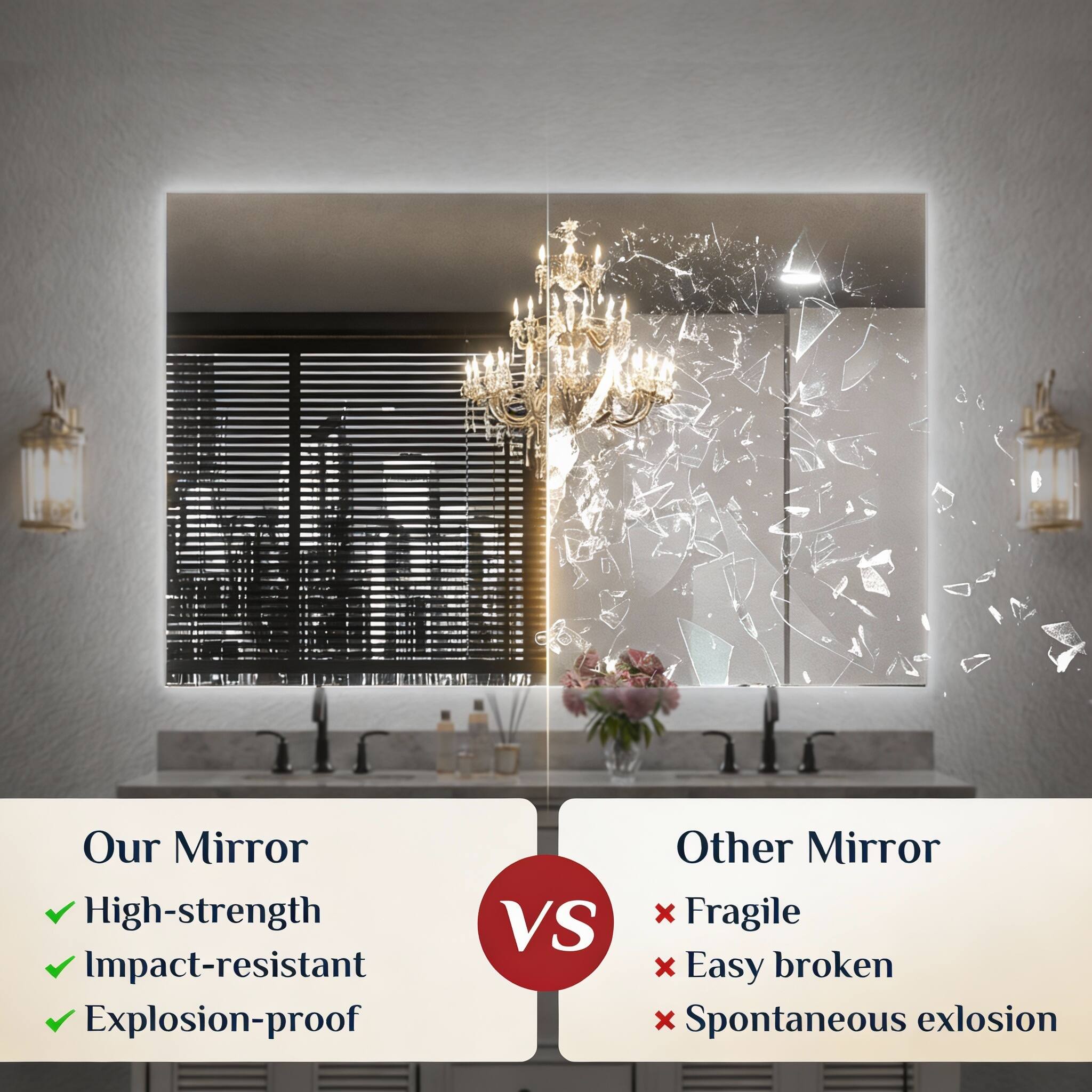 Our Mirror  
- High-strength  
- Impact-resistant  
- Explosion-proof  

Other Mirror  
- Fragile  
- Easy broken  
- Spontaneous explosion