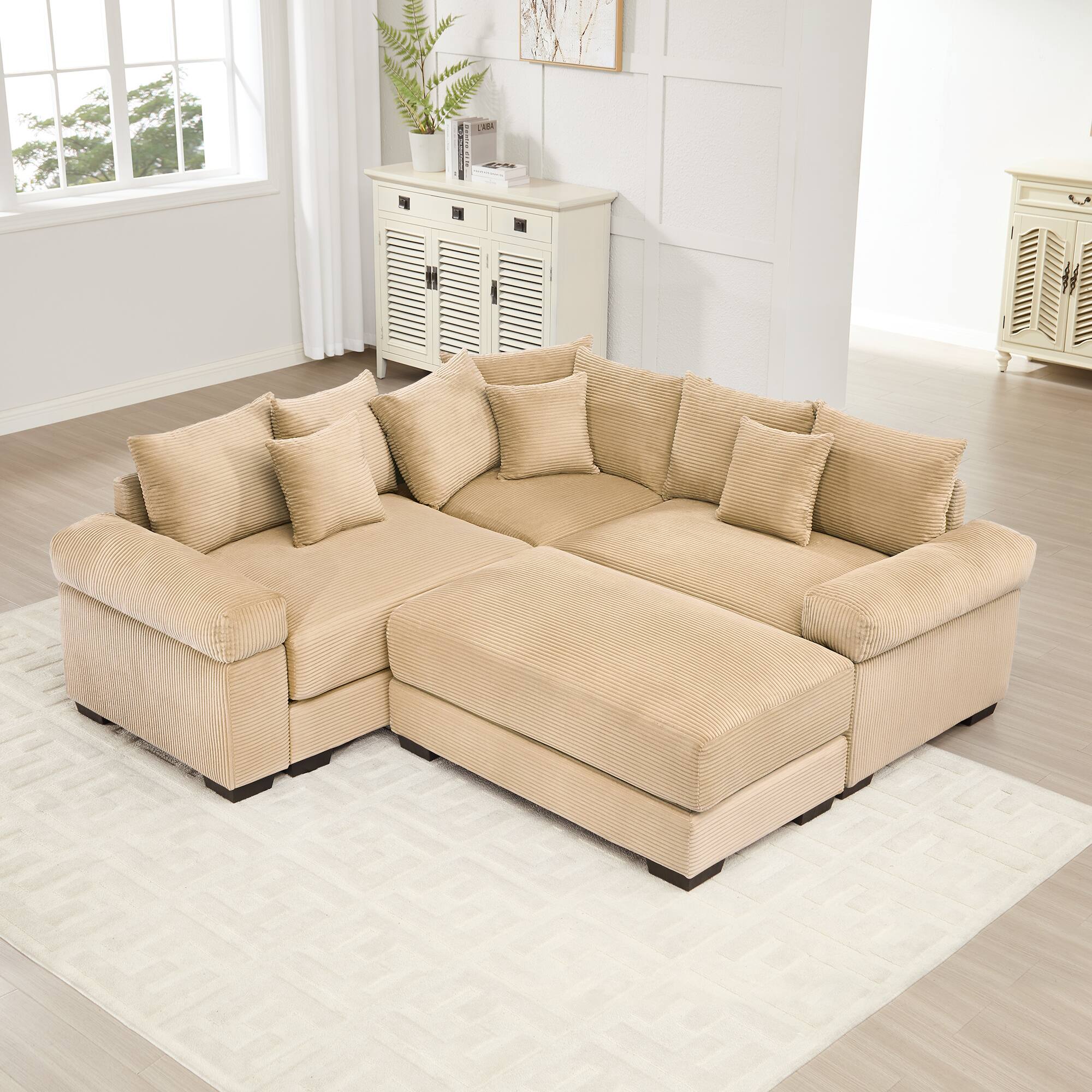 Front. LOVMOR - Modular Deep Seat Corduroy Sectional Couch Storage Ottoman Compressed Pack For Living Room Den Soft Home TV XL - Camel.