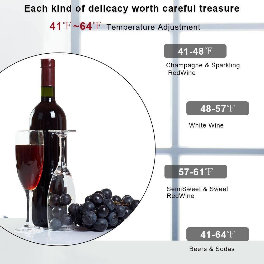 Each kind of delicacy worth careful treasure

41°F~64°F Temperature Adjustment

- 41-48°F: Champagne & Sparkling Red Wine
- 48-57°F: White Wine
- 57-61°F: SemiSweet & Sweet Red Wine
- 41-64°F: Beers & Sodas