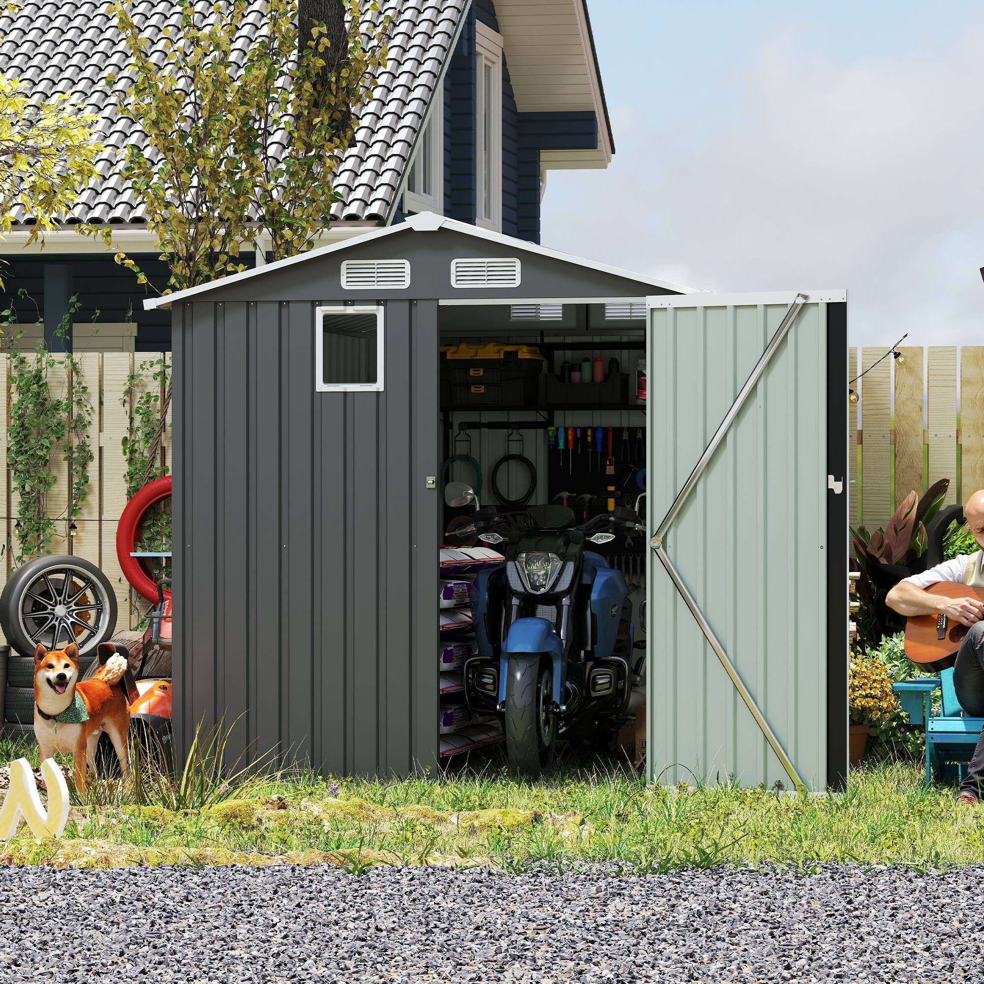 Alt View 2. Anysun - 6x8ft Outdoor Steel Storage Shed with Lockable Doors, Clear Window & Air Vents Backyard or Patio - Dark Gray.