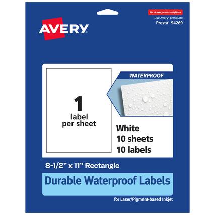 Go to avery.com/templates
AVERY
Use Avery Template Presta 94269
WATERPROOF
1 label per sheet
White 10 sheets 10 labels
8-1/2" x 11" Rectangle
Durable Waterproof Labels for Laser/Pigment-based Inkjet