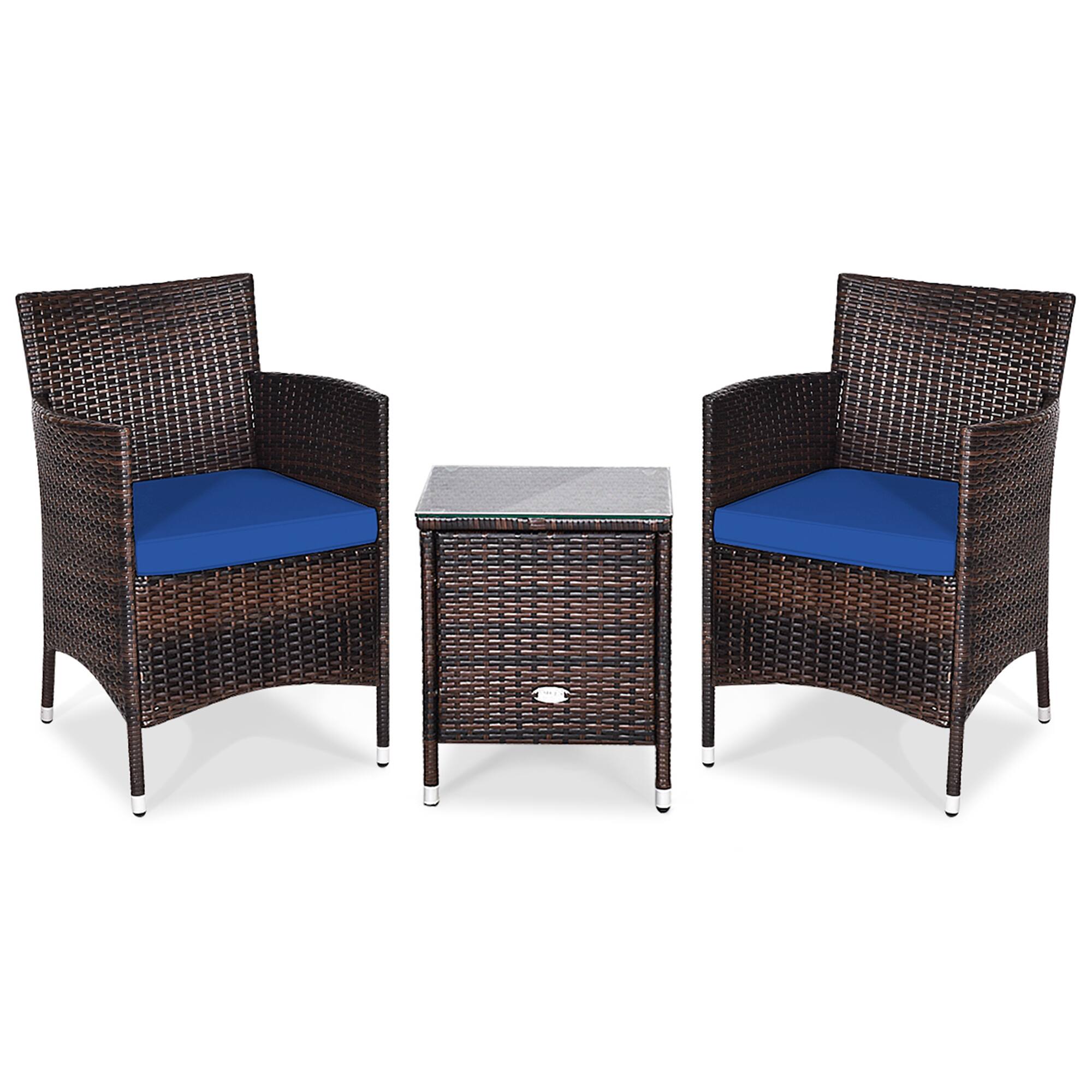 Alt View 1. Gymax - Gymax 3PCS Patio Rattan Chair & Table Furniture Set Outdoor w/ Navy Cushion - Navy.