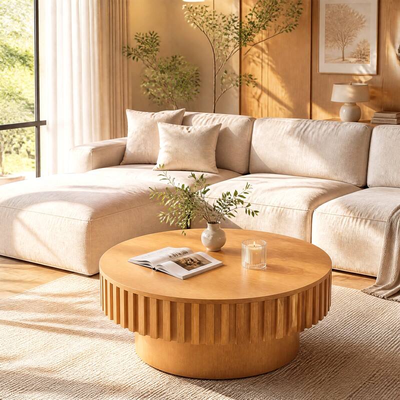 Alt View 3. WELLFOR - Modern Round Coffee Table with Storage, Wooden Drum Center Tables with Hidden Compartment - Natural.