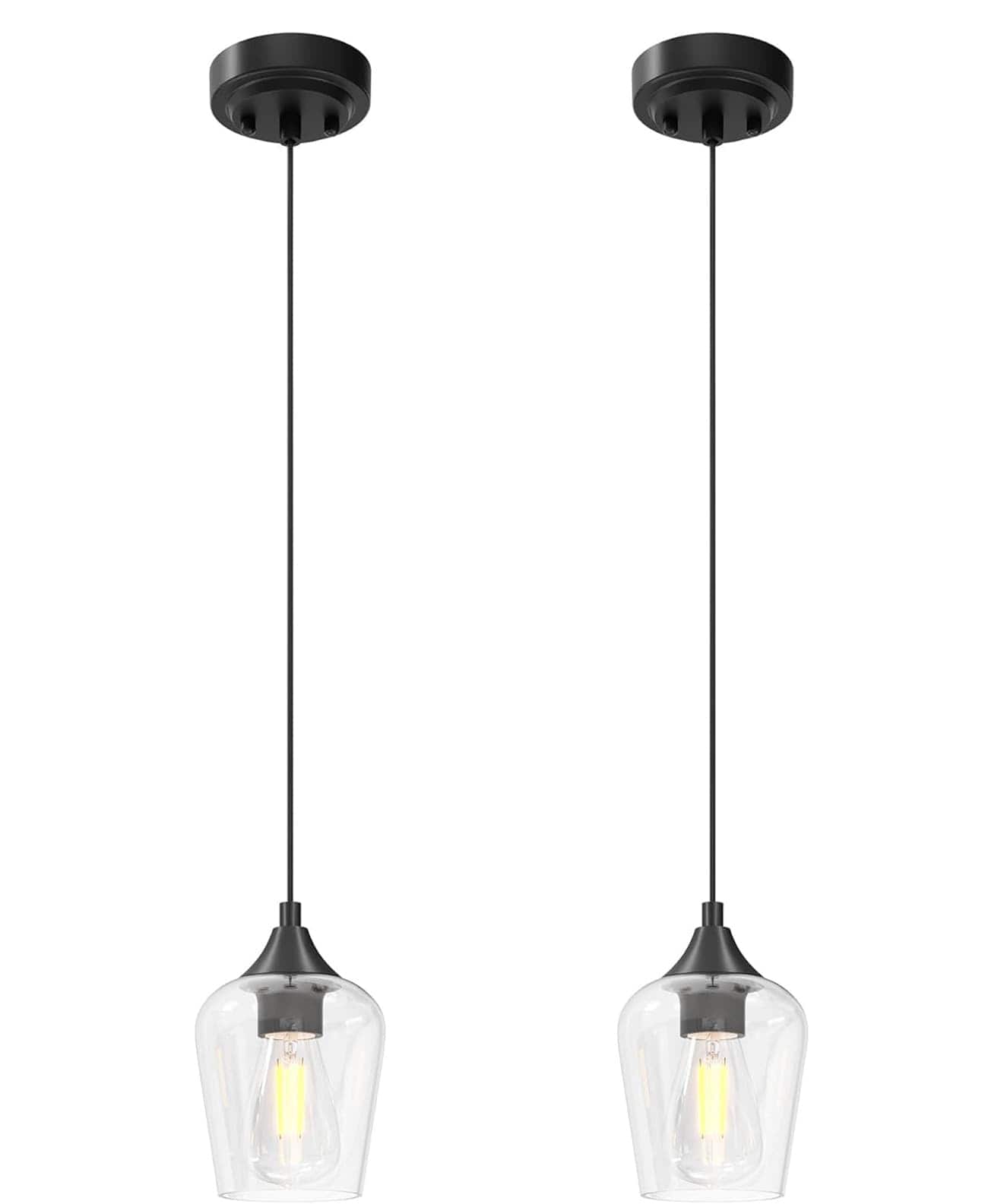 FINEAK - Matte Modern Pendant Lights - 2 Pack with Glass Shade, E26 Base & Adjustable Cable - Black