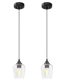 FINEAK - Matte Modern Pendant Lights - 2 Pack with Glass Shade, E26 Base & Adjustable Cable - Black