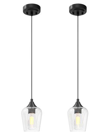 Front. FINEAK - Matte Black Modern Pendant Lights - 2 Pack with Glass Shade, E26 Base & Adjustable Cable - Black.