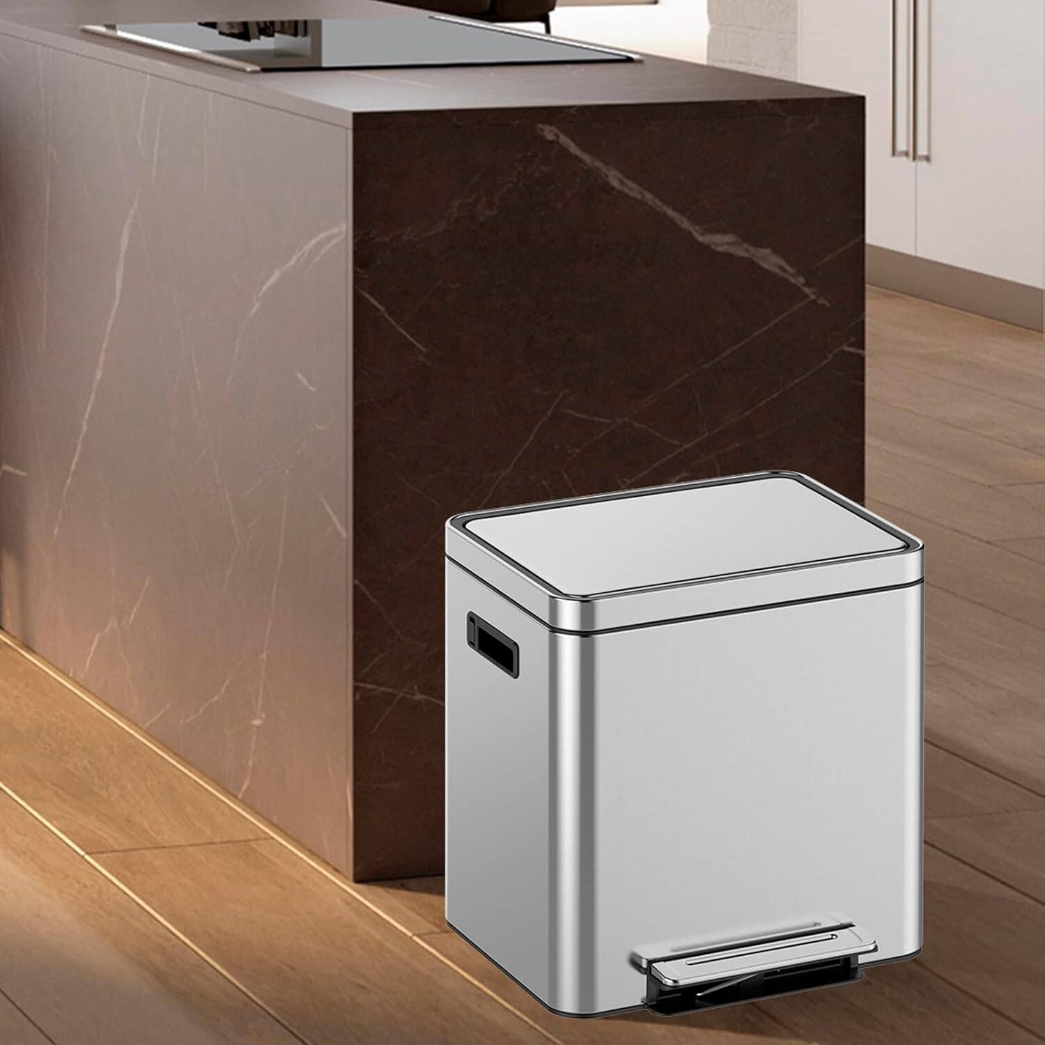 Alt View 1. Homhougo - 30 L/8 gal Dual Trash Can, Rectangular Waste Basket with Metal Lid & Step Foot Pedal - Silver.