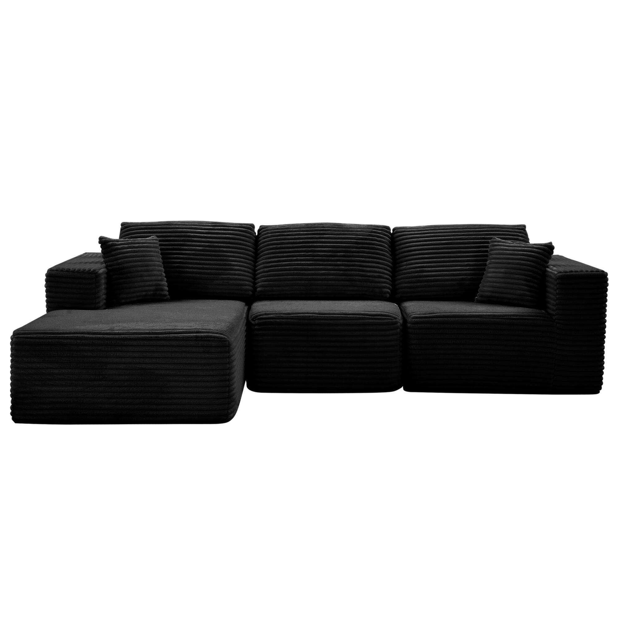Angle. PexFix - 104" Wide Ribbed Velvet L-Shaped Sectional Sofa, Modular Couch with Chaise and Comfort Foam - Black.