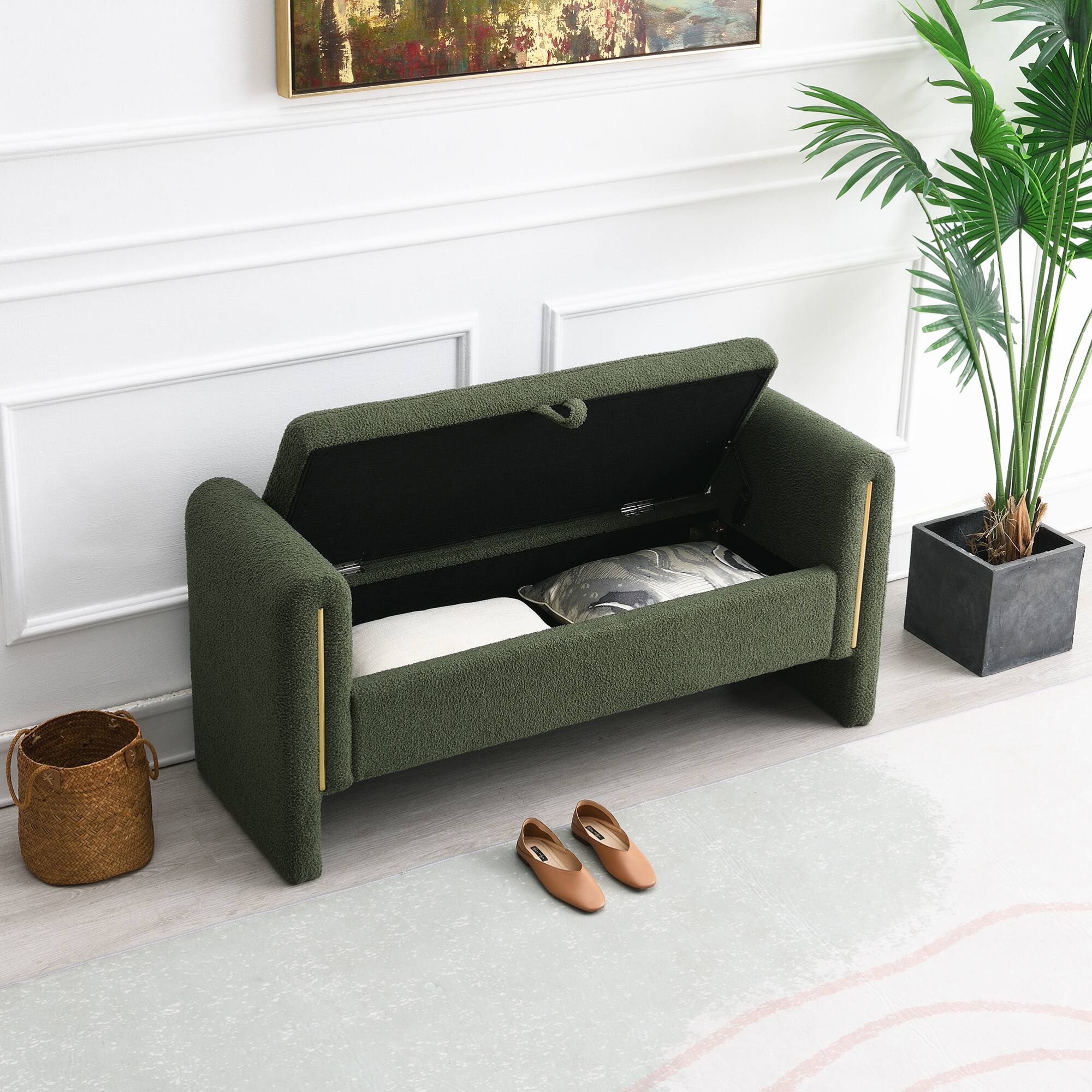 Left. GOODSILO - Modern Upholstered Storage Bench with Arms, Large Foot Rest Stool for Living Room and Bedroom - Olive Green.
