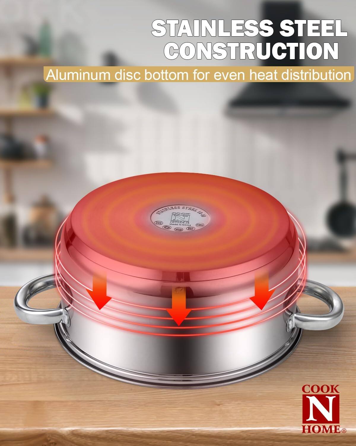 STAINLESS STEEL CONSTRUCTION  
Aluminum disc bottom for even heat distribution  

STATHLKES STRE 14-10 P AEOE  

COOK N HOME