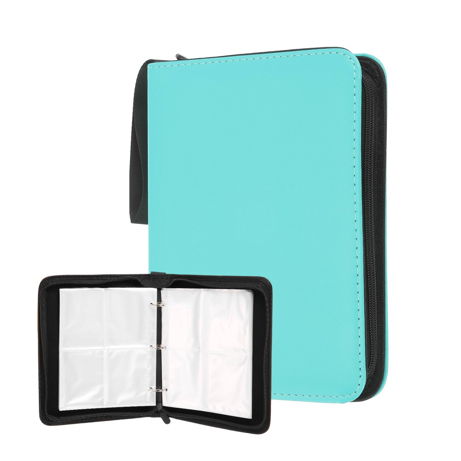 Front. Unique Bargains - 4 Pocket Trading Card Binder, Holds 400 Top Loaders Smooth PU Cover with Zipper for TCG Game Sports - Sky Blue.