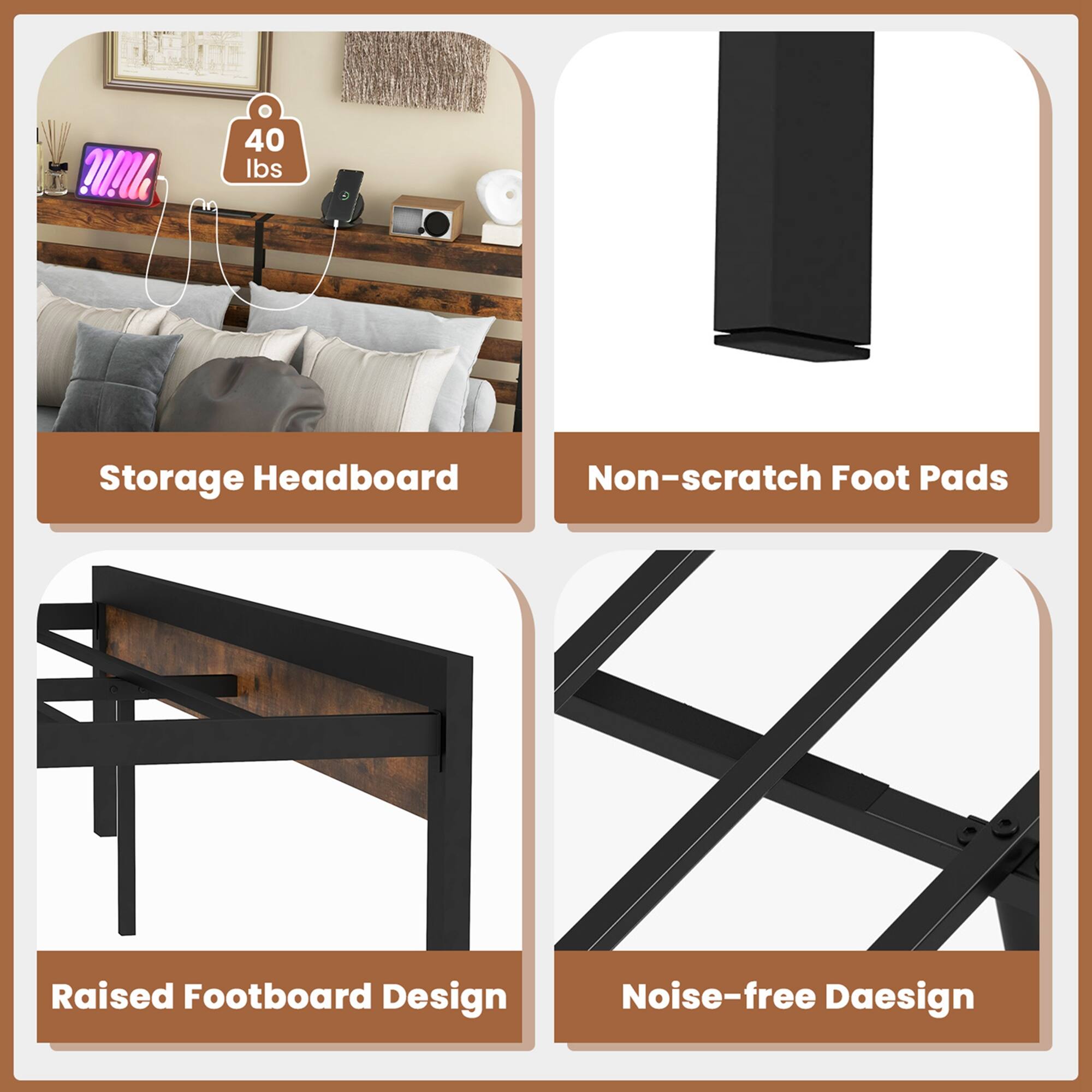 M!l 40 lbs Storage Headboard, Non-scratch Foot Pads, Raised Footboard Design, Noise-free Daesign