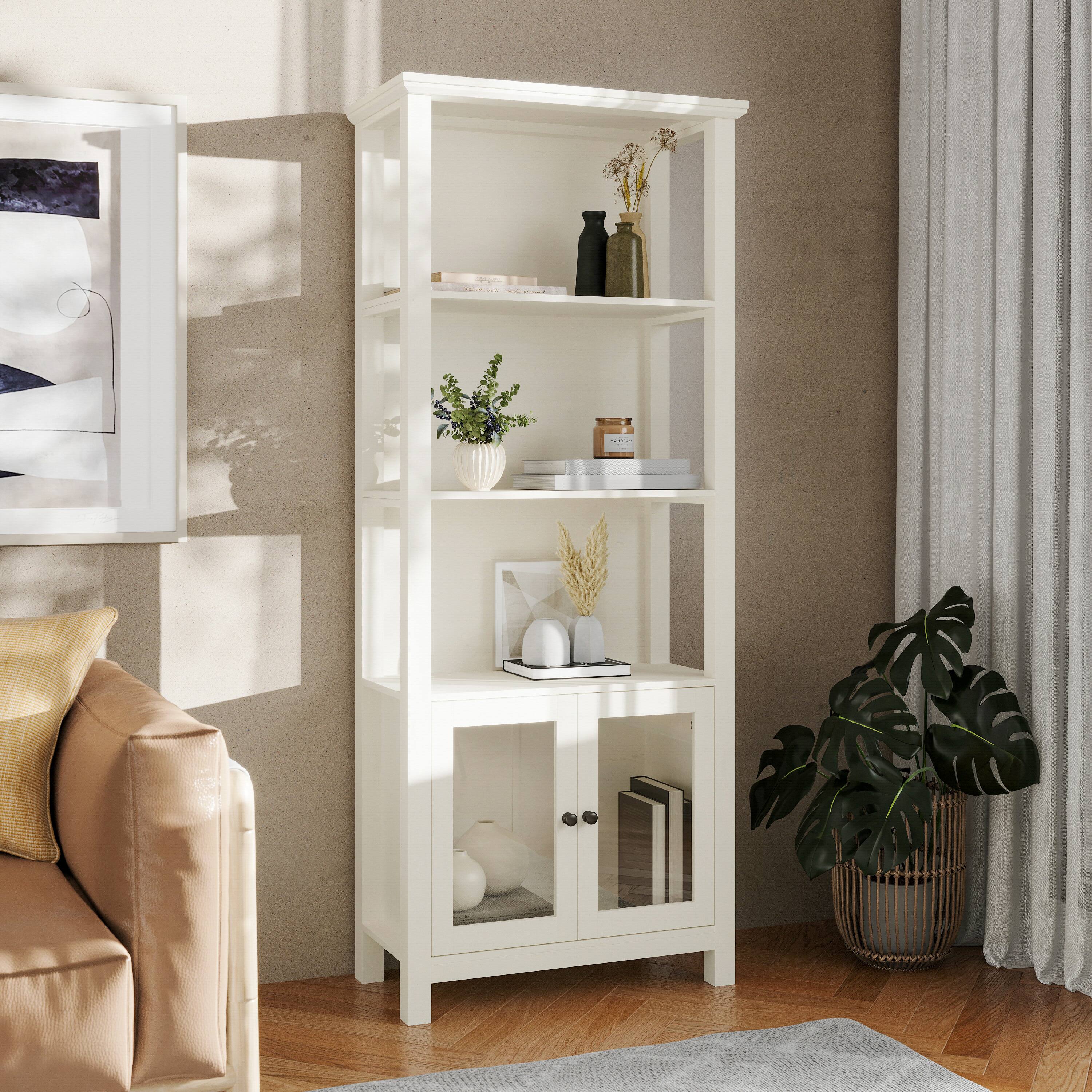 Alt View 1. Flash Furniture - Stella Modern Farmhouse Wooden Bookcase and Storage Cabinet with Tempered Glass Doors and 3 Upper Shelves in White - White.