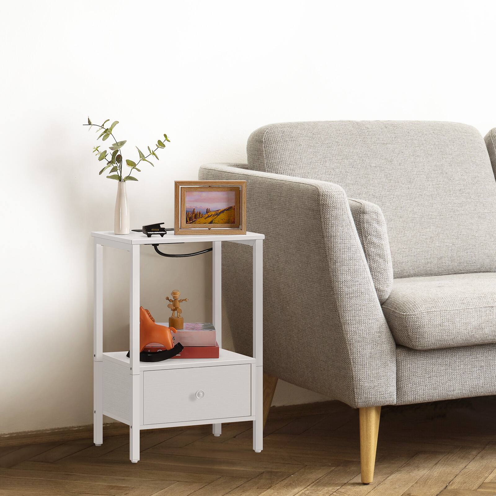 Alt View 4. Oumilen - Set of 2 Nightstand with Built-in Charging Station & Wood Drawer, White - White.
