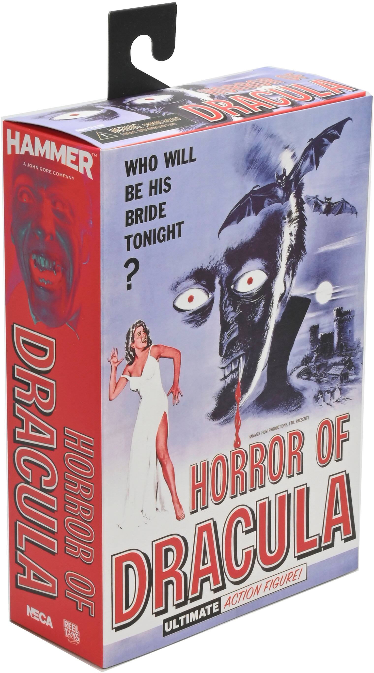 The text on the image is grouped and corrected as follows:

"2 Dracula URRIK F DHONGHDAD HDAAO  AENINS D  oc   t HAMMER A JOHN GORE COMPANY 7M WHO WILL BE HIS BRIDE TONIGHT ? 2 PRESENTS FEM PRODUCTIONS NC DRACULA OF HORROR HORROR NECA TAYS REEL OF DRACULA ULTIMATE ACTION FIGURE!"