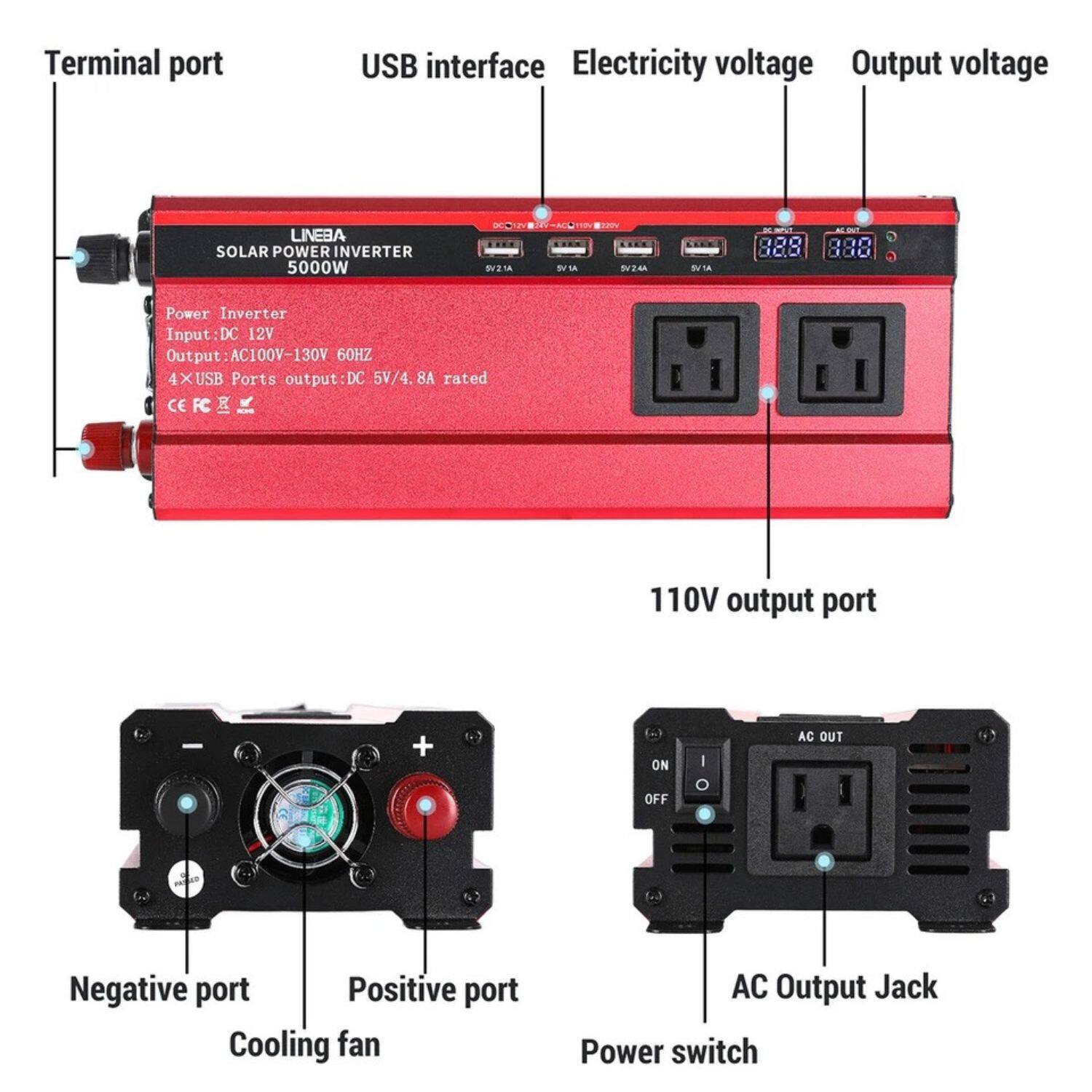 **Terminal port**  
**USB interface**  
**Electricity voltage**  
**Output voltage**  

**SOLAR POWER INVERTER**  
**5000W**  
**S21 SV1A**  
**WEA BVTA**  

**Power Inverter**  
**Input: DC 12V**  
**Output: AC100V-130V 60HZ**  
**4X USB Ports output: DC 5V/4.8A rated**  
**CE FC E**  

**110V output port**  

**Negative port**  
**Positive port**  
**Cooling fan**  
**AC Output Jack**  
**Power switch**