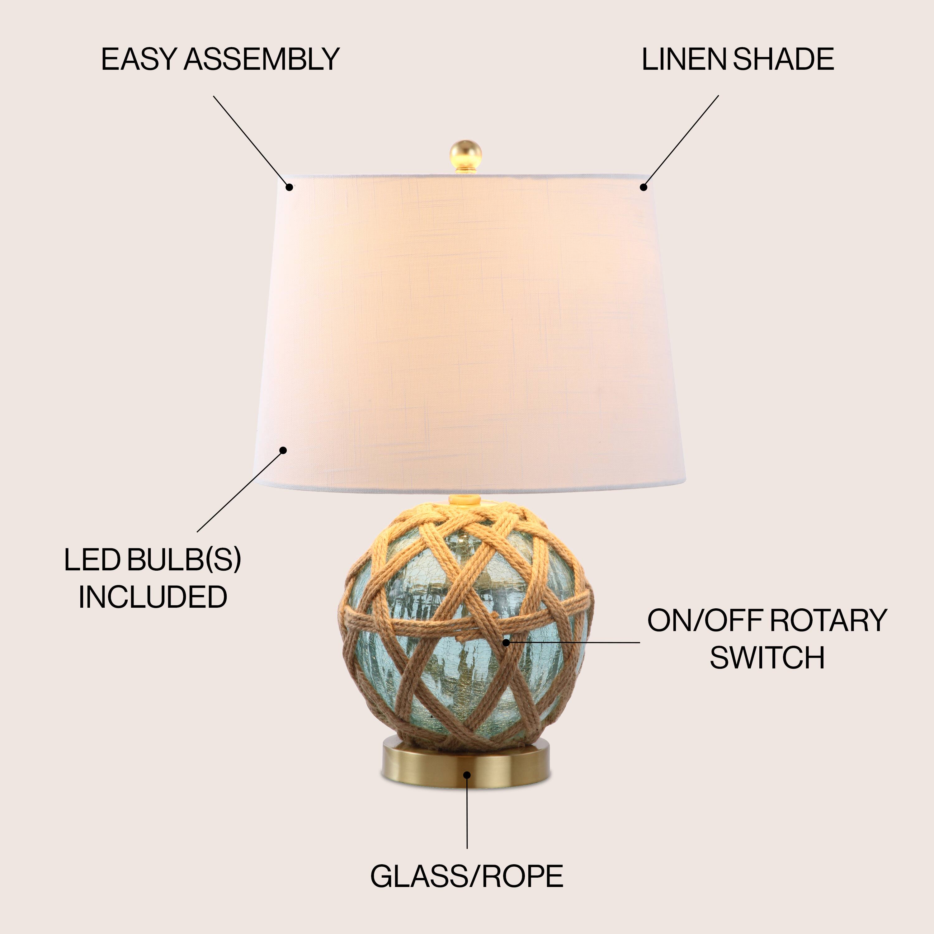 EASY ASSEMBLY  
LINEN SHADE  
LED BULB(S) INCLUDED  
ON/OFF ROTARY SWITCH  
GLASS/ROPE