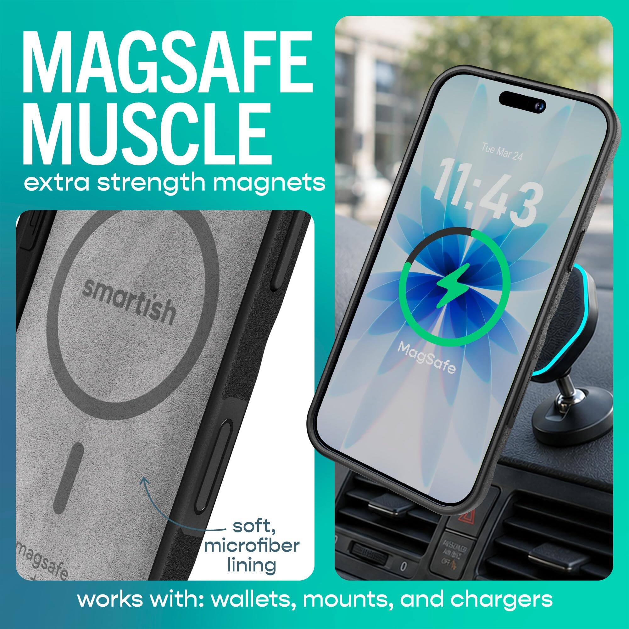 MAGSAFE MUSCLE  
extra strength magnets  

11:43  
smartish  
MagSafe  

soft, microfiber lining  
works with: wallets, mounts, and chargers
