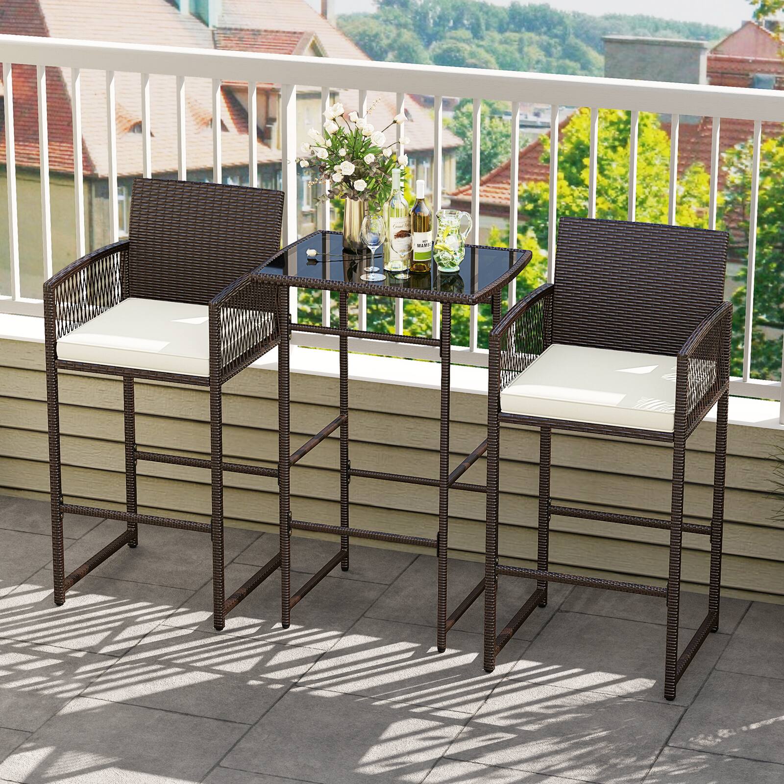 Alt View 3. Costway - Costway 3 PCS Patio Bar Set Wicker Table & Armchairs with  2 Cushions & Glass Tabletop - Mix Brown.