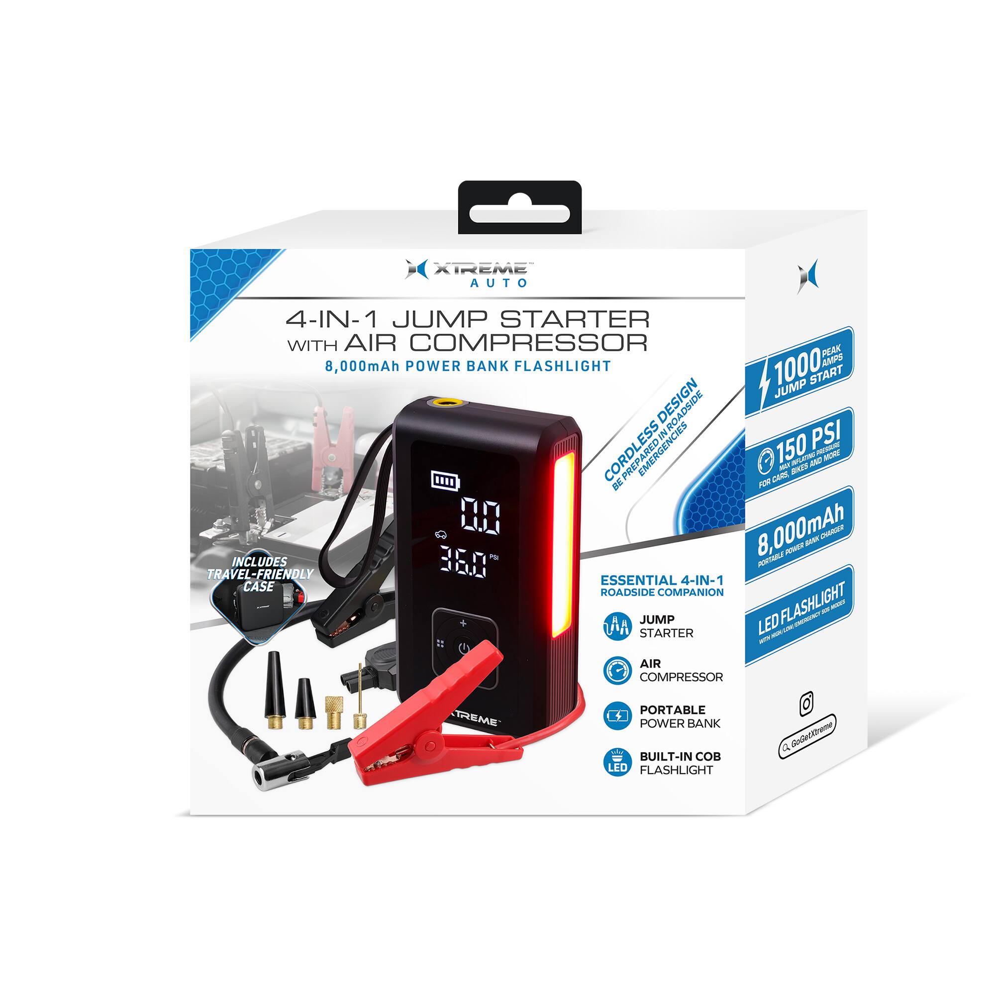 Xtreme Auto 4-in-1 Jump Starter with Air Compressor, 8,000mAh Power Bank, Flashlight, 1000 Amps Jump Start Design. Cordless Emergency 150 PSI. Includes 360° Travel-Friendly Essential 4-in-1 Case. Roadside Companion. Jump Starter, Air Compressor, Portable Power Bank, Built-in COB LED Flashlight.