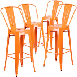 Emma + Oliver - Commercial Grade 4 Pack 30" High Metal Indoor-Outdoor Barstool with Back - Orange