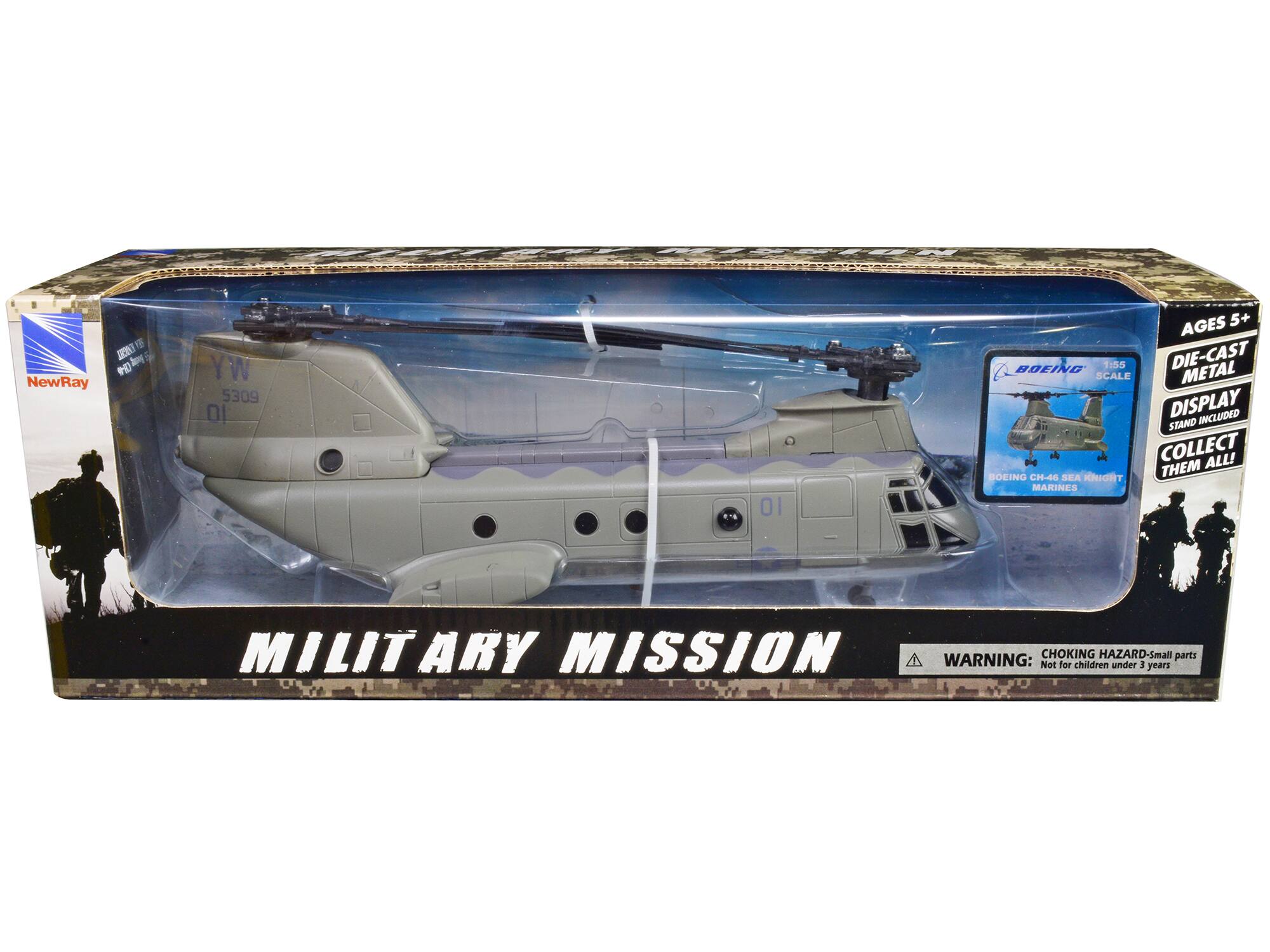 NewRay 1E 2 & MD Y W 5309 01 AGES 5+ BOEING TISS DIE-CAST SCALE METAL DISPLAY INCLUDED STAND COLLECT ALL! BOEING CH-66 SEA KNIGHT THEM MARINES MILITARY MISSION WARNING: Not CHOKING for children HAZARD-Small under 3 years parts