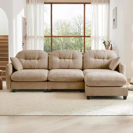 Front. Roomtec - Modular Sectional L Shaped Couch With Ottoman Premium Chenille FabricQuilted Pleated DesignErgonomic Design Easy - Camel.