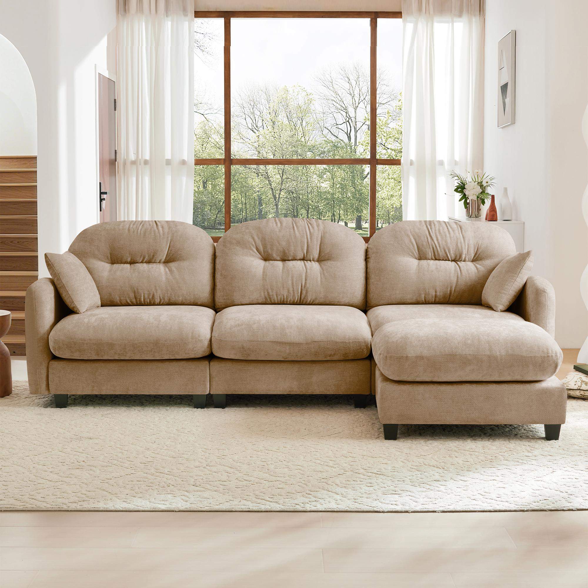 Front. Roomtec - Modular Sectional L Shaped Couch With Ottoman Premium Chenille FabricQuilted Pleated DesignErgonomic Design Easy - Camel.
