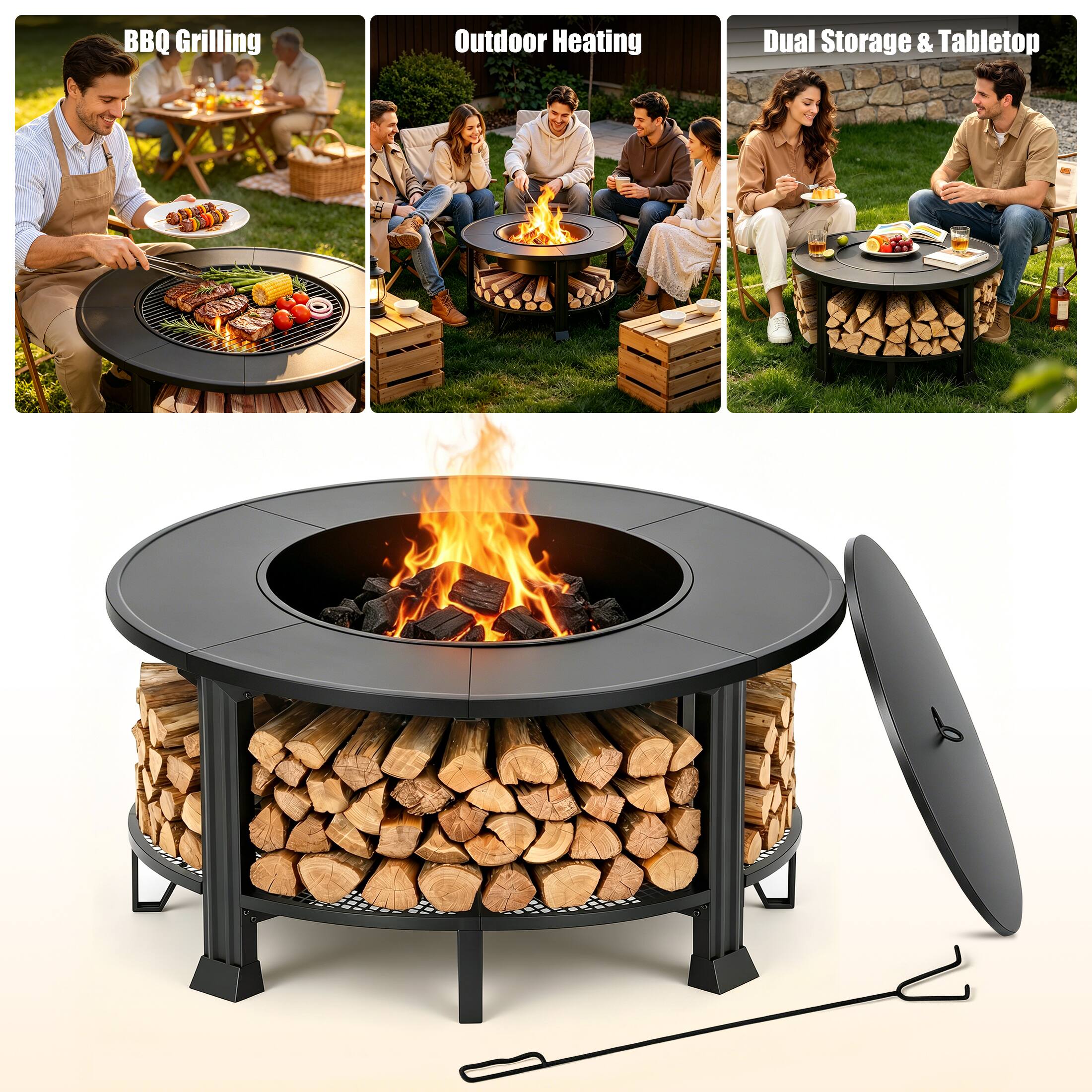 BBQ Grilling  
Outdoor Heating  
Dual Storage & Tabletop