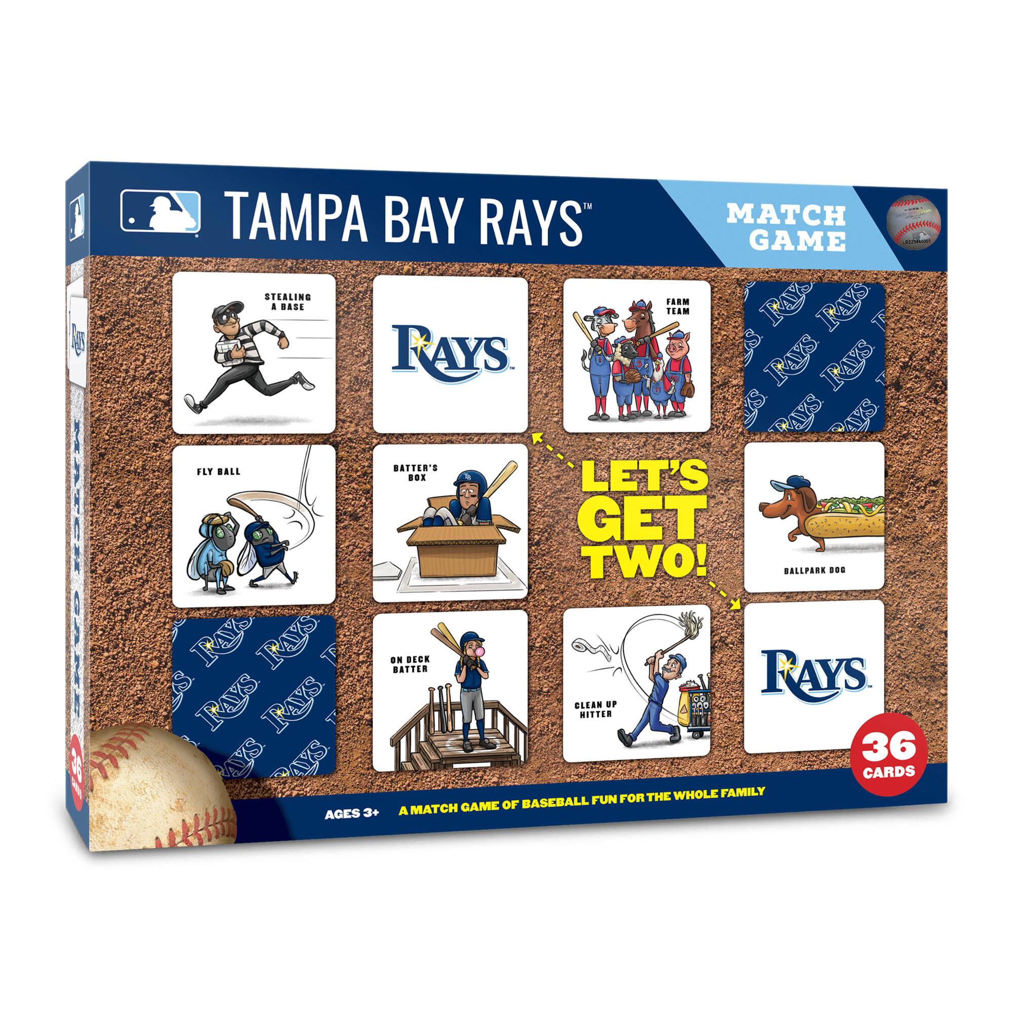 Tampa Bay Rays Match Game

- Stealing a Base
- Fly Ball
- Batter's Box
- On Deck Batter
- Clean Up Hitter
- Let's Get Two!
- Ballpark Dog
- Farm Team
- Rays Team
- Rays Team
- Rays Team

36 Cards

Ages 3+  
A Match Game of Baseball Fun for the Whole Family
