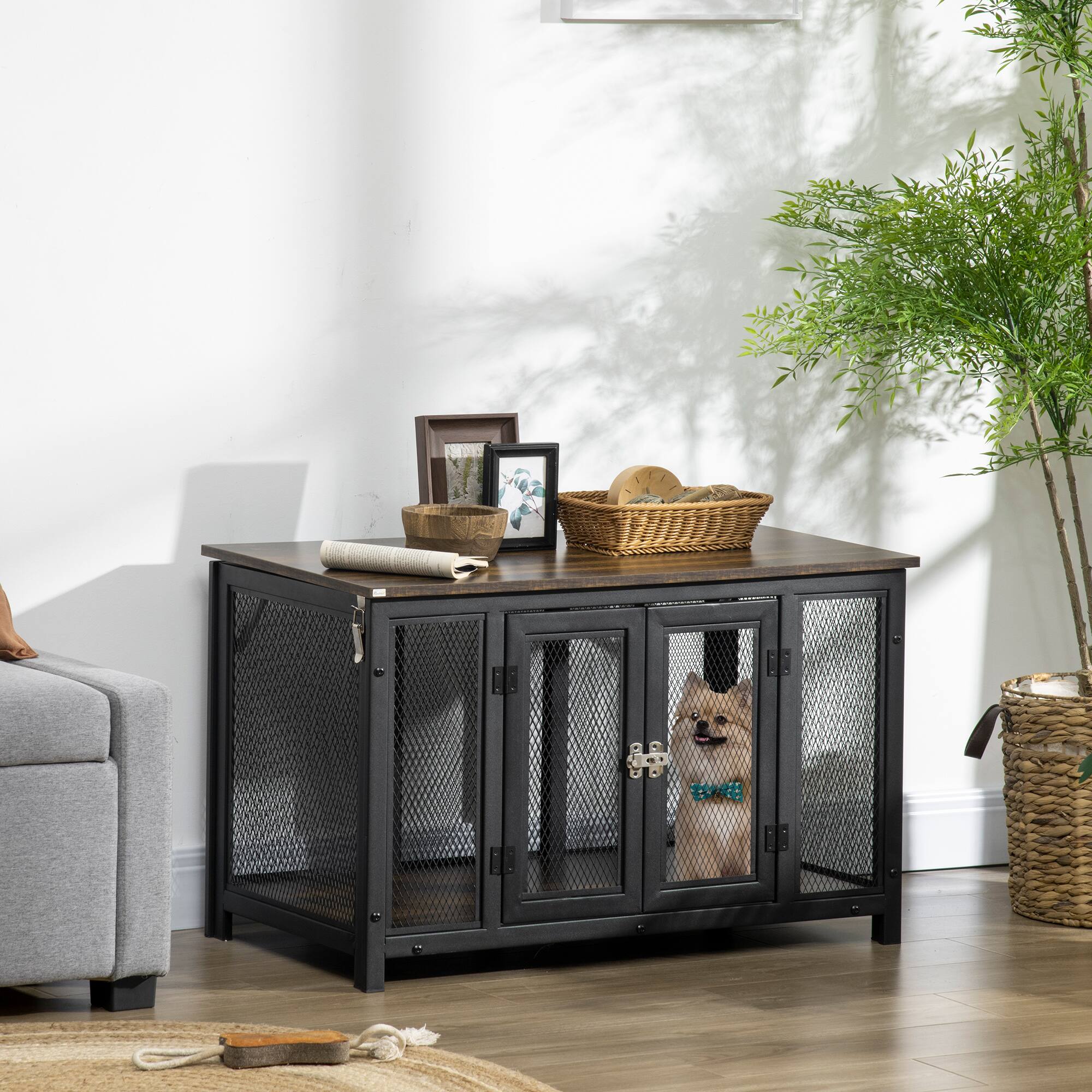 Angle. Pawhut - Furniture Style Dog Crate with Openable Top, End Table, Puppy Crate, Small Dogs Indoor, Spacious, Kennel.