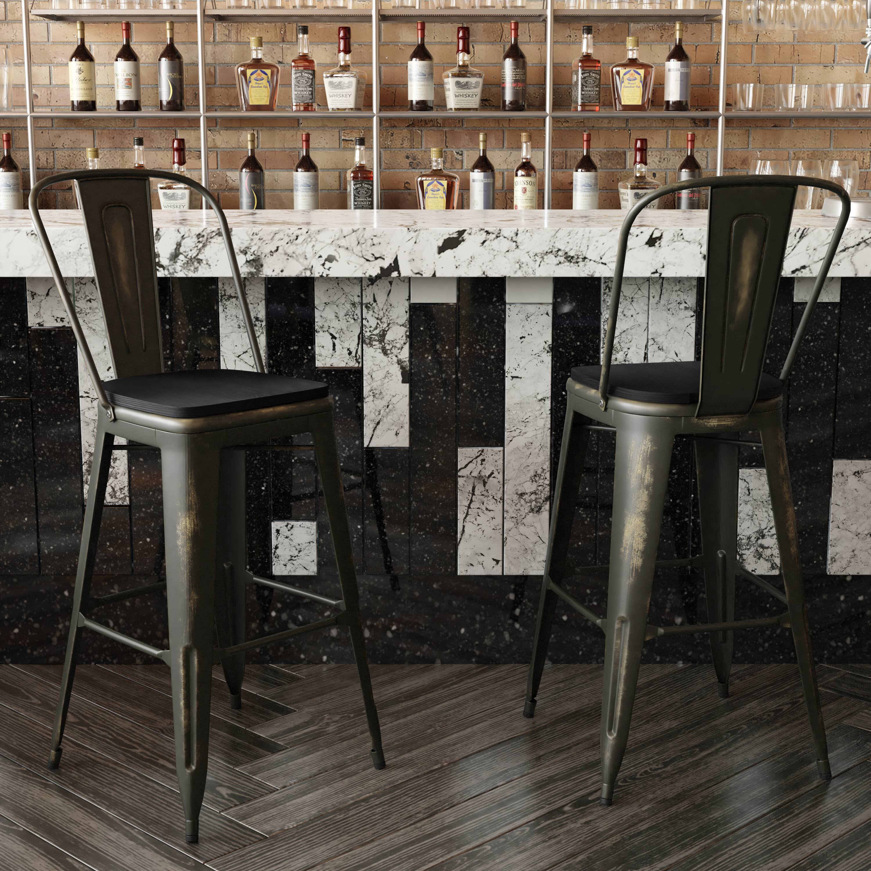 Alt View 3. Emma + Oliver - Nova Distressed Metal Stools with Backs and Polystyrene Seats for Indoor/Outdoor Use - Black Seat/Copper Frame.