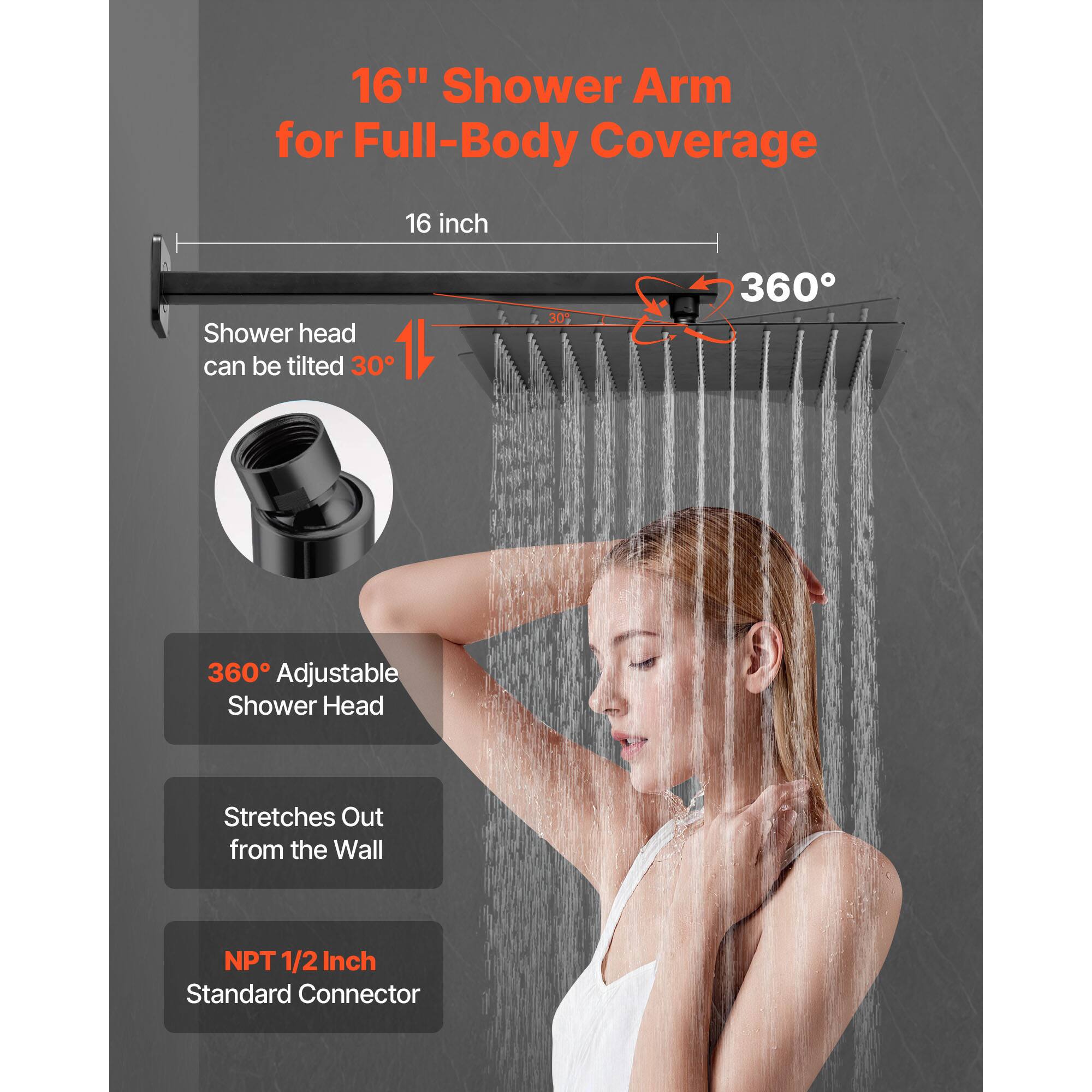 16" Shower Arm for Full-Body Coverage, 16 inch, Shower head can be tilted 30°, 360° Adjustable Shower Head, Stretches Out from the Wall, NPT 1/2 Inch Standard Connector