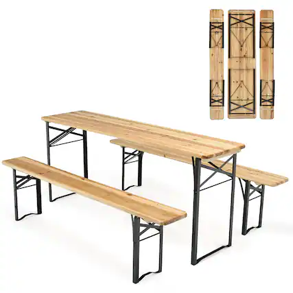 Front. Costway - Costway 3 PCS Beer Table Bench Set Folding Wooden Top Picnic Table Patio Garden - Natural.