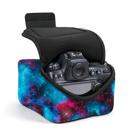 Front. USA Gear - USA Gear Camera Sleeve (Large) for Mid-Size SLRs - Pocket & Belt Loop (Galaxy).