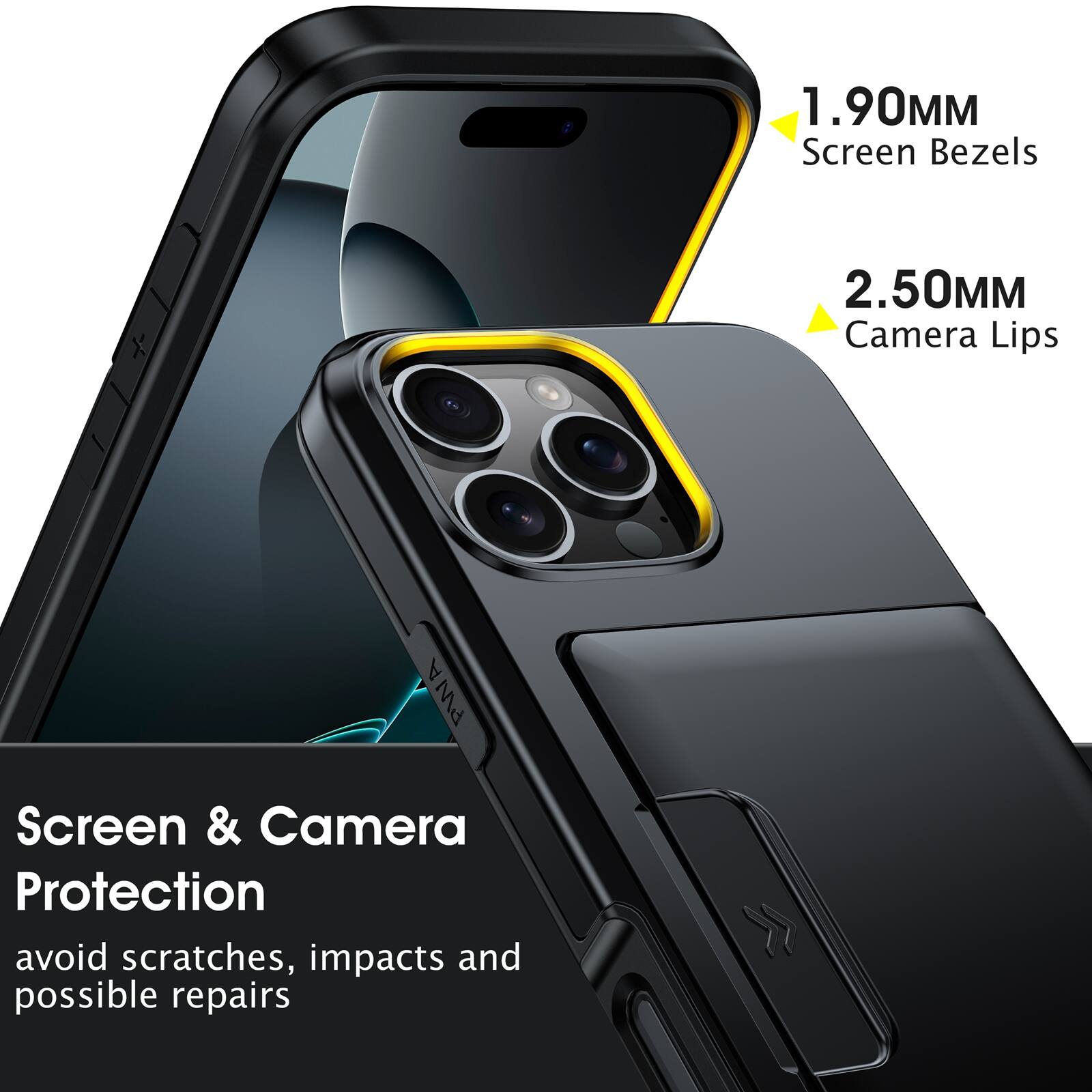 1.90MM Screen Bezels  
2.50MM Camera Lips  
Screen & Camera Protection  
avoid scratches, impacts and possible repairs