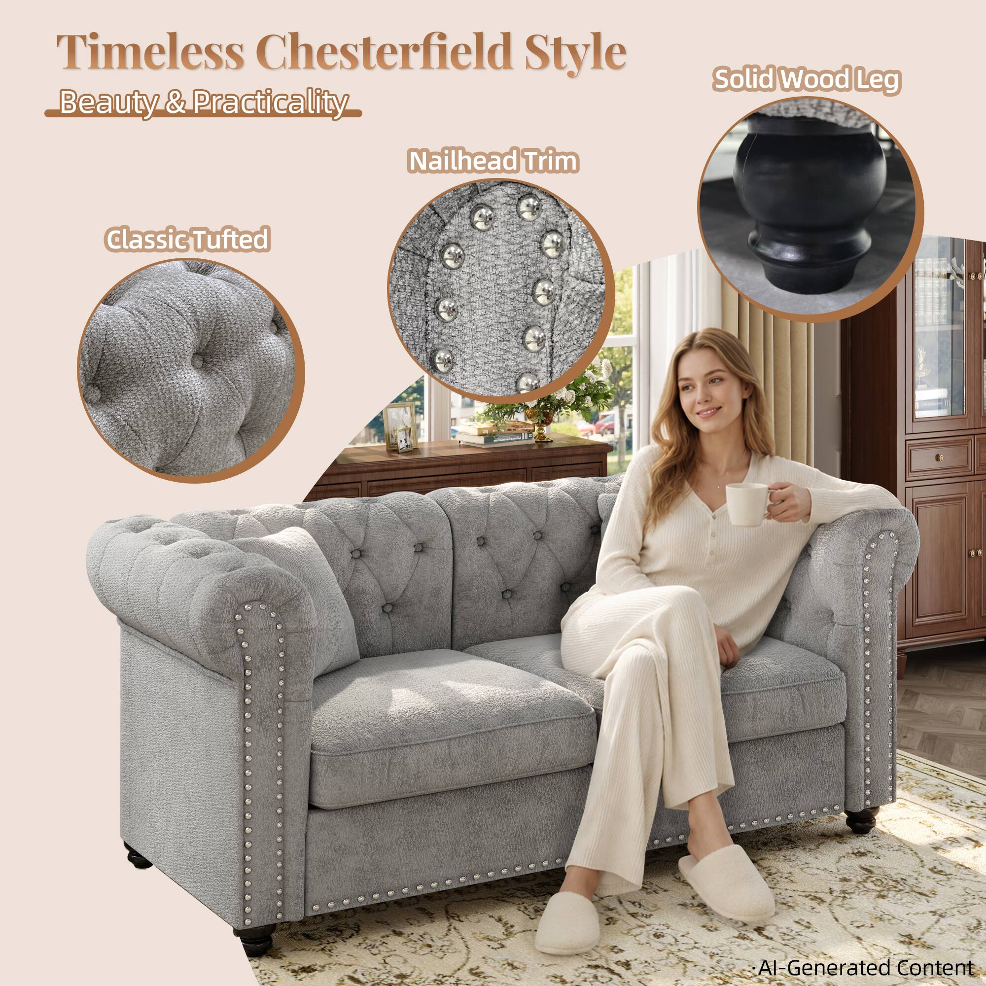 Timeless Chesterfield Style  
Beauty & Practicality

Solid Wood Leg  
Nailhead Trim  
Classic Tufted

AI-Generated Content