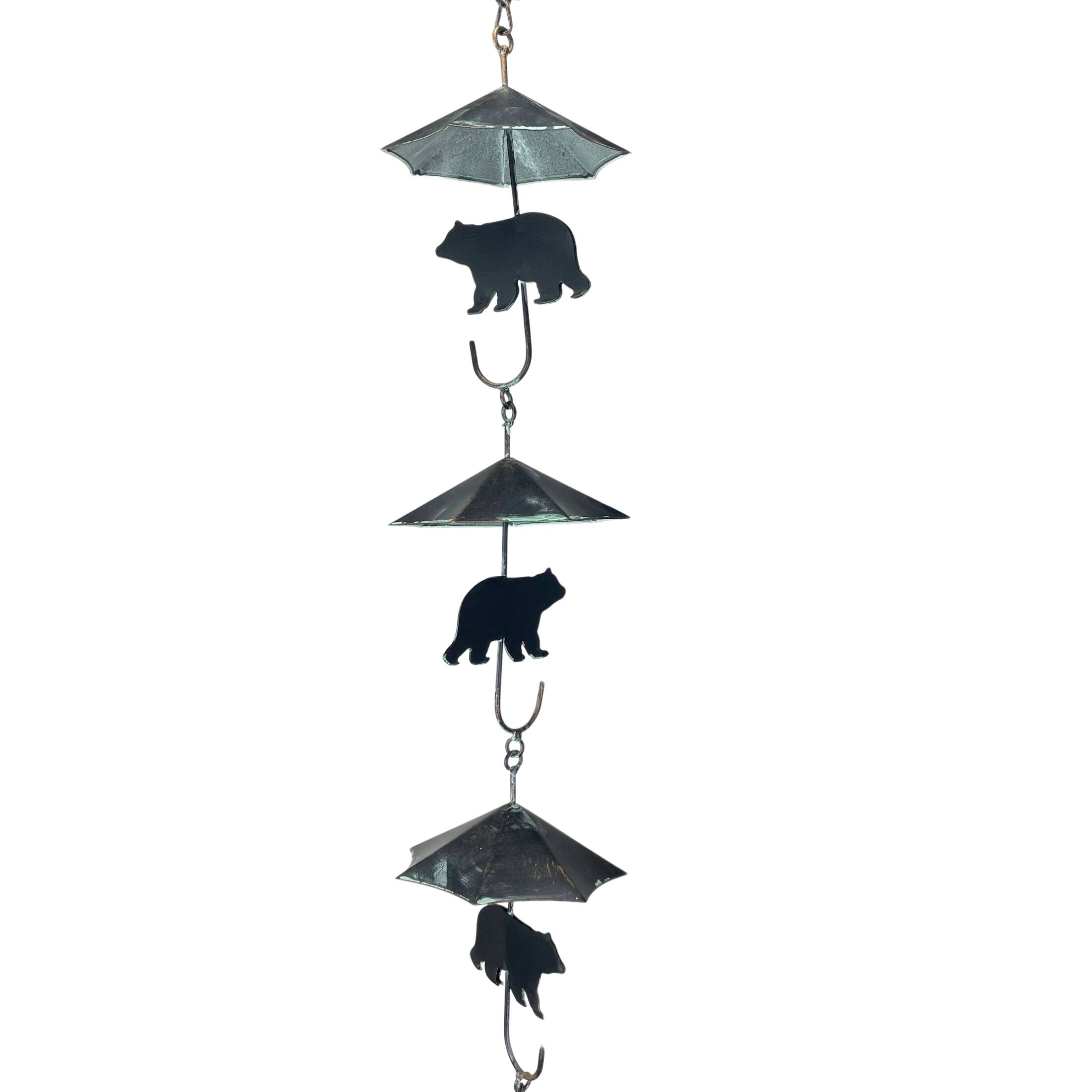 Alt View 1. Things2Die4 - Rustic Black Bear & Umbrella Rain Chain - 75" Long Distressed Verdigris Finish - Black.