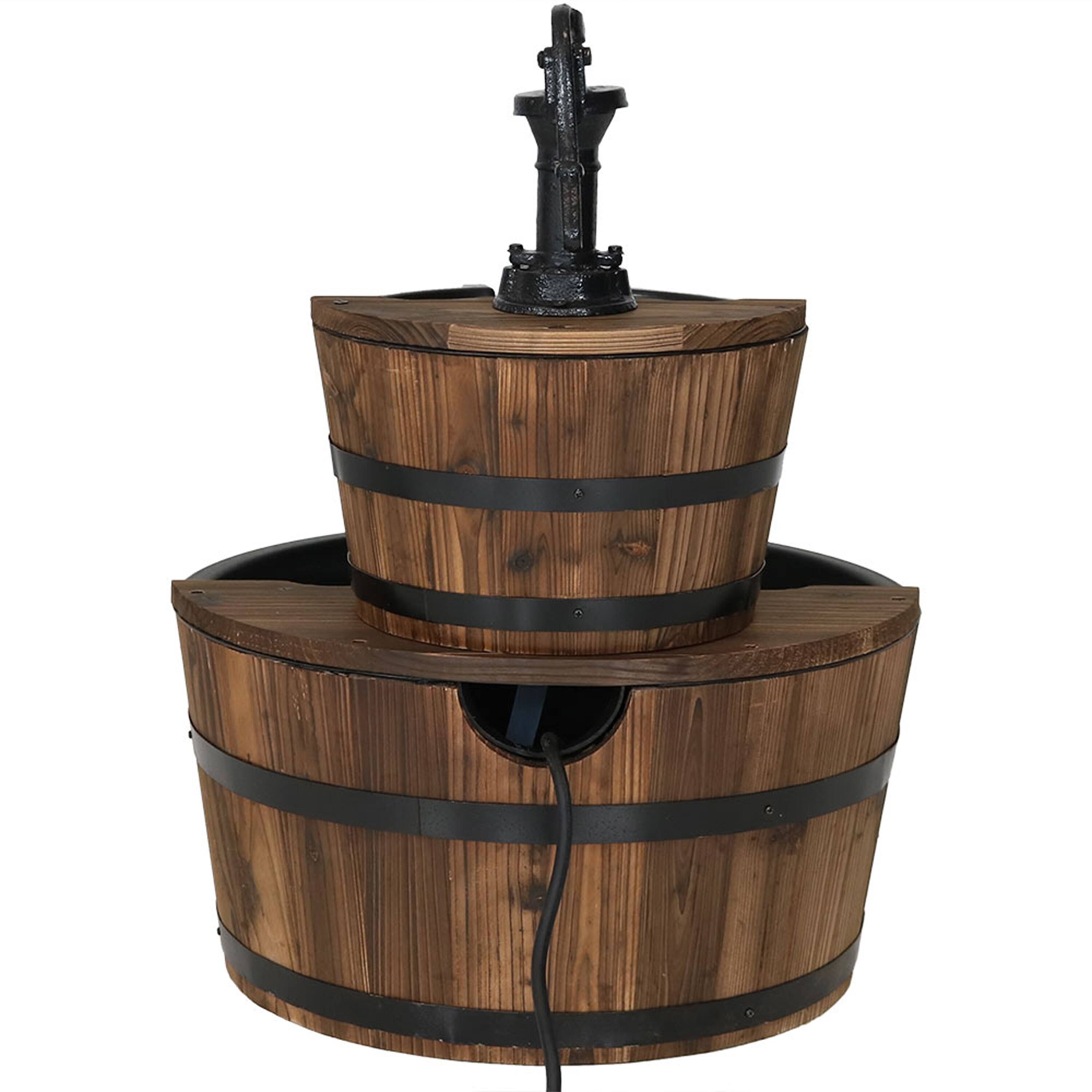 Alt View 9. Sunnydaze - Wooden Bowl/Barrel Water Fountain with Hand Pump/Liner - 23 in - Brown.