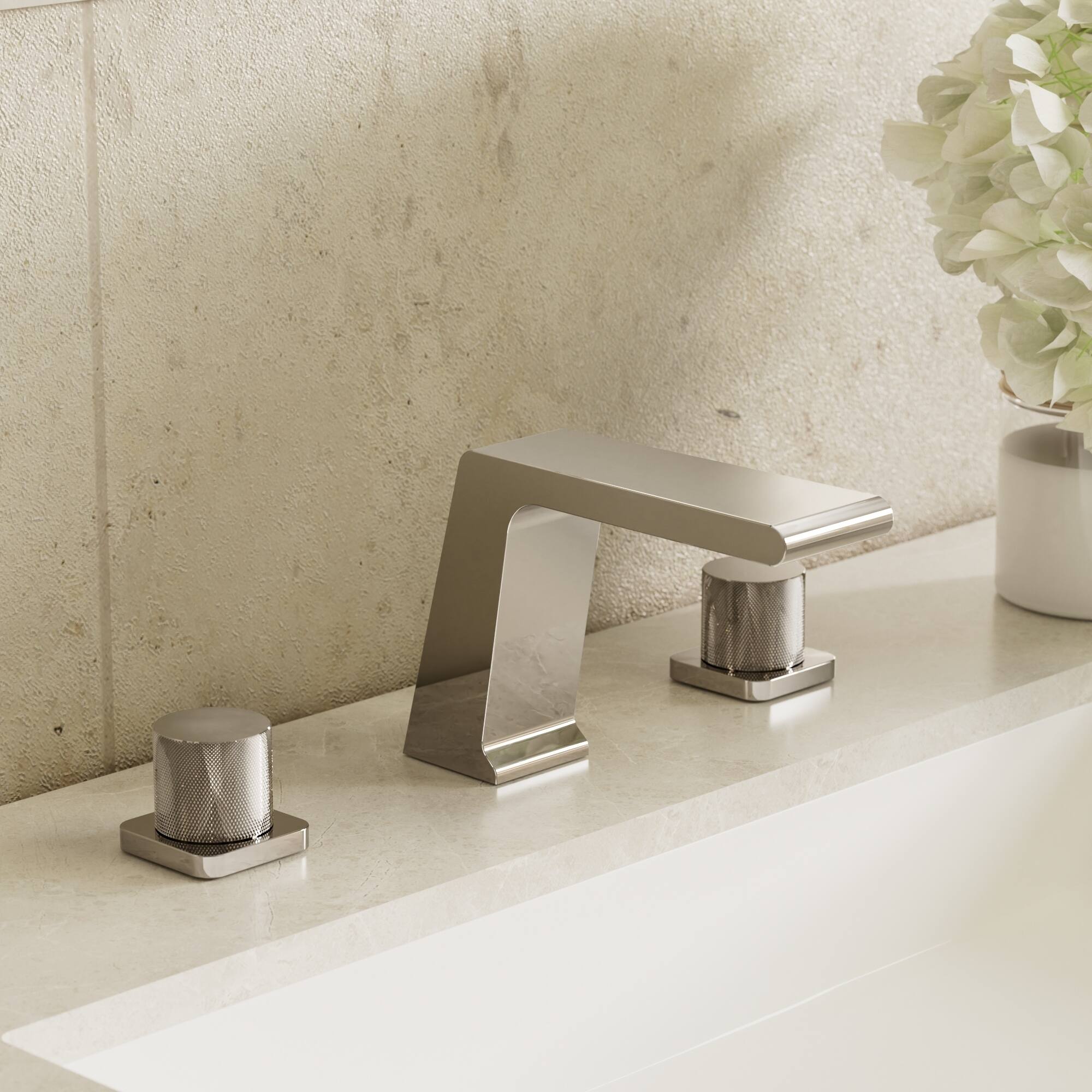 Angle. GRANDJOY - 3‑Hole Waterfall Bathroom Sink Faucet with Dual Handles, and Wide Spout for Modern Vanity Spaces - Chrome.