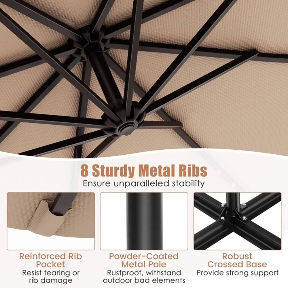8 Sturdy Metal Ribs Ensure unparalleled stability

- Reinforced Rib Pocket: Resist tearing or rib damage
- Powder-Coated Robust Metal Pole: Rustproof, withstand outdoor bad elements
- Robust Crossed Base: Provide strong support